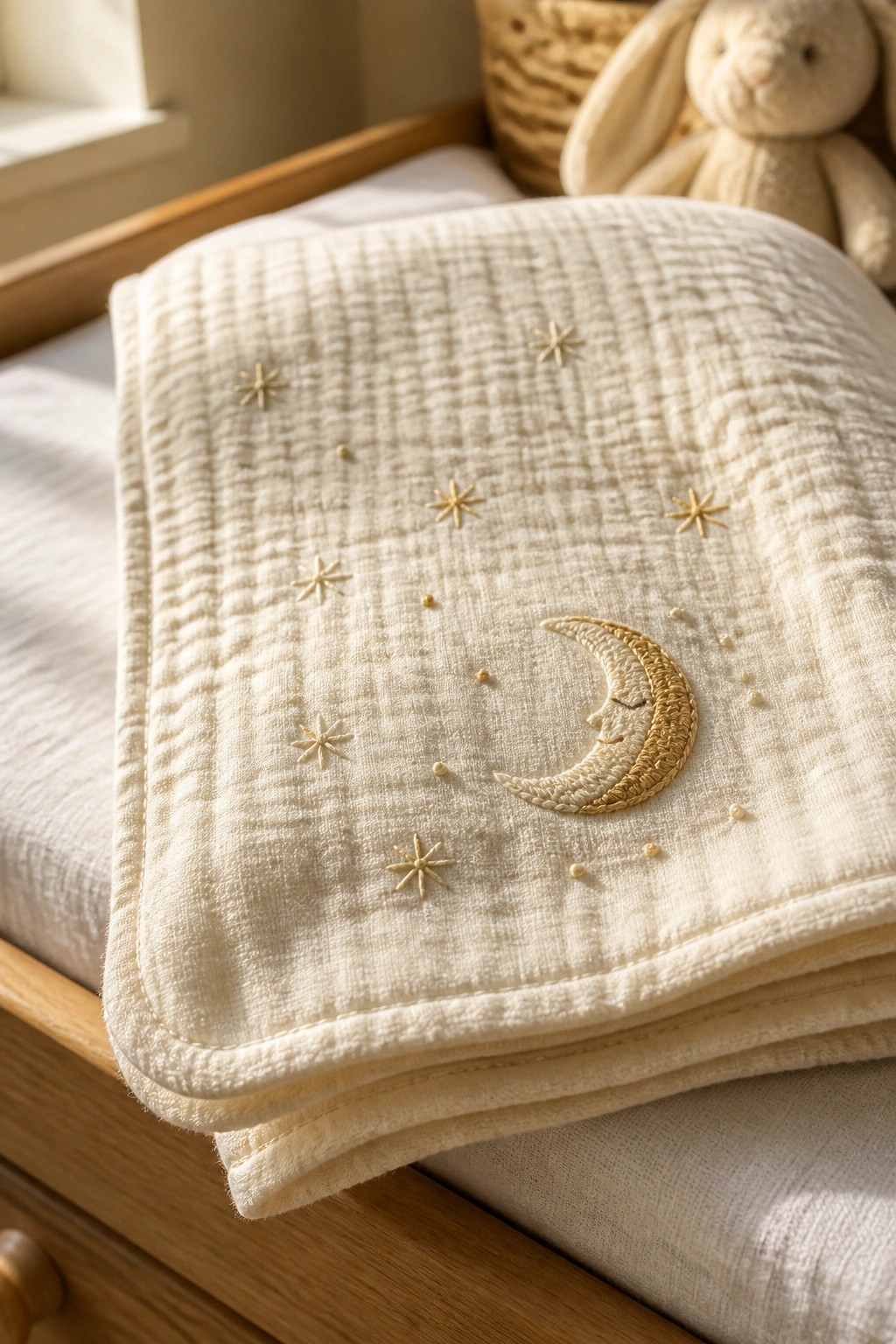 Cream muslin blanket embroidered with golden moon and stars on wooden crib