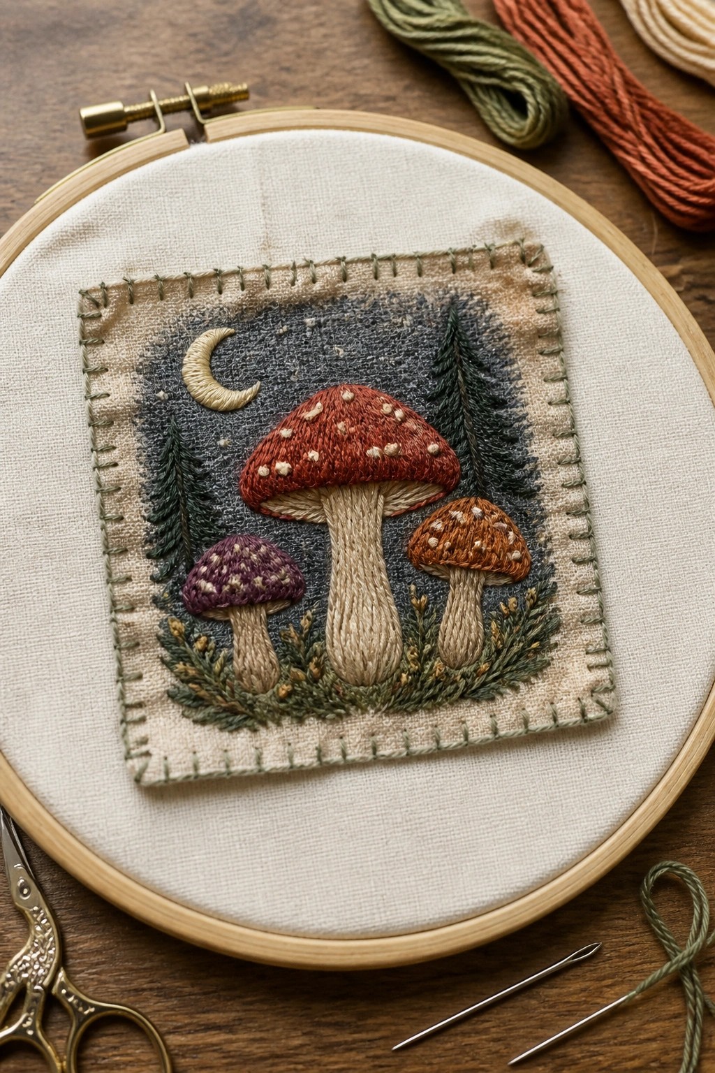 Close-up of an embroidery hoop with a square fabric patch showing stitched mushrooms, a crescent moon, trees, and foliage on a dark background, with thread, scissors, and a needle nearby on wood.