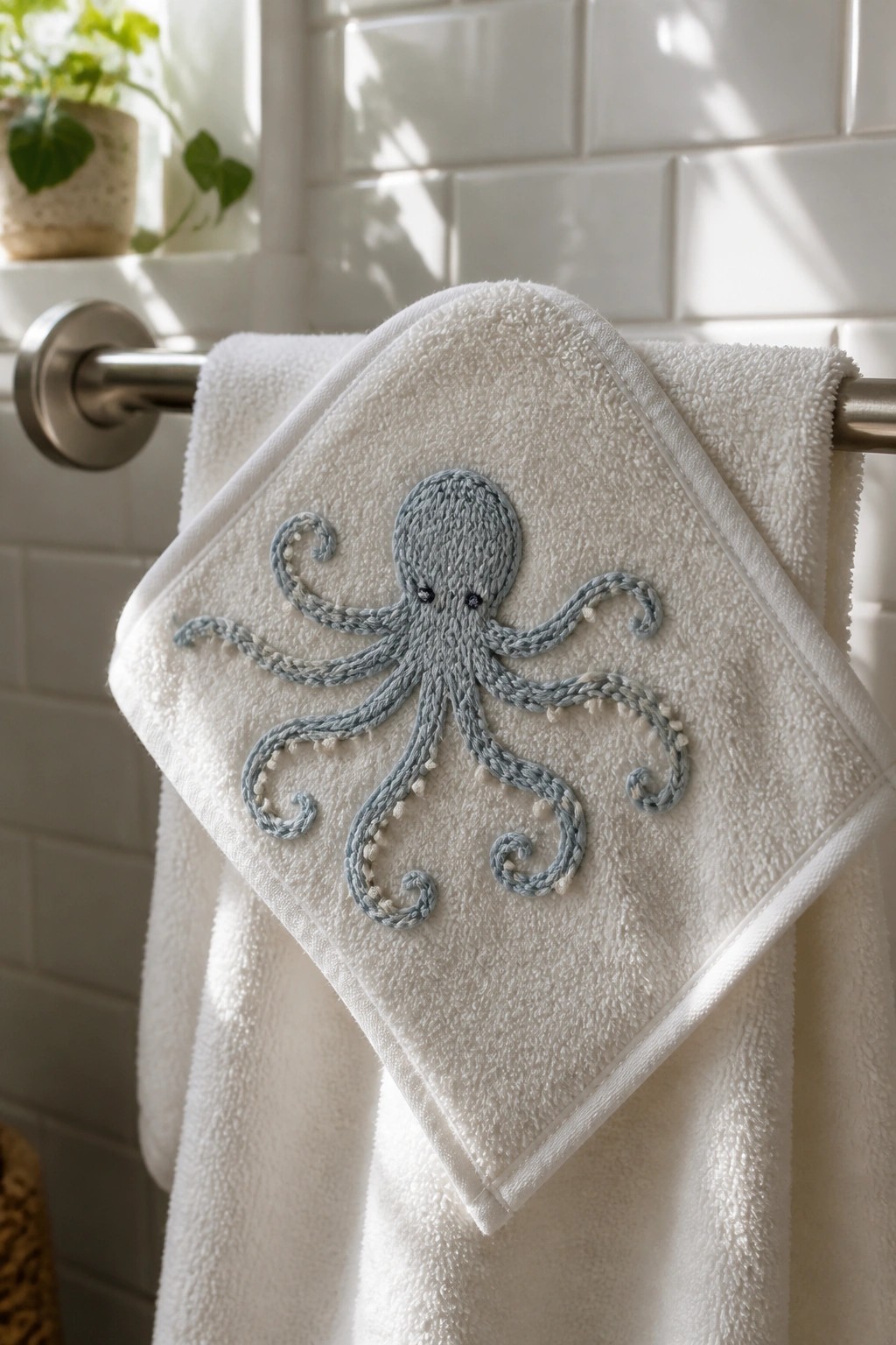 White towel with light blue embroidered octopus hanging on bathroom rack