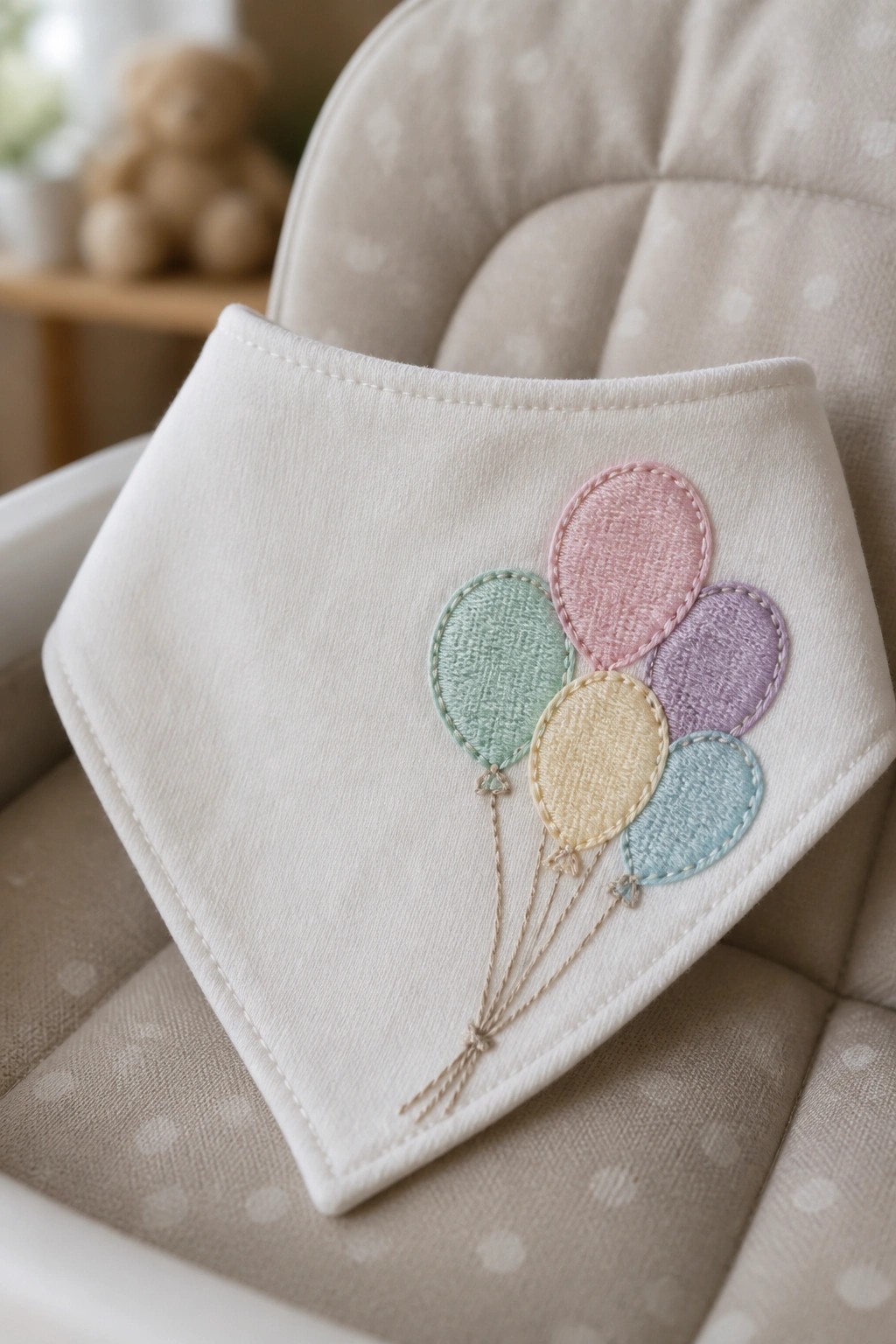 White bib with pastel embroidered balloons on polka-dot fabric