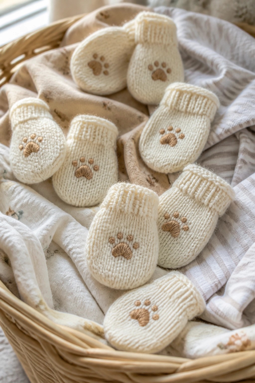 Cream knitted baby mittens and booties with paw prints in a wicker basket.