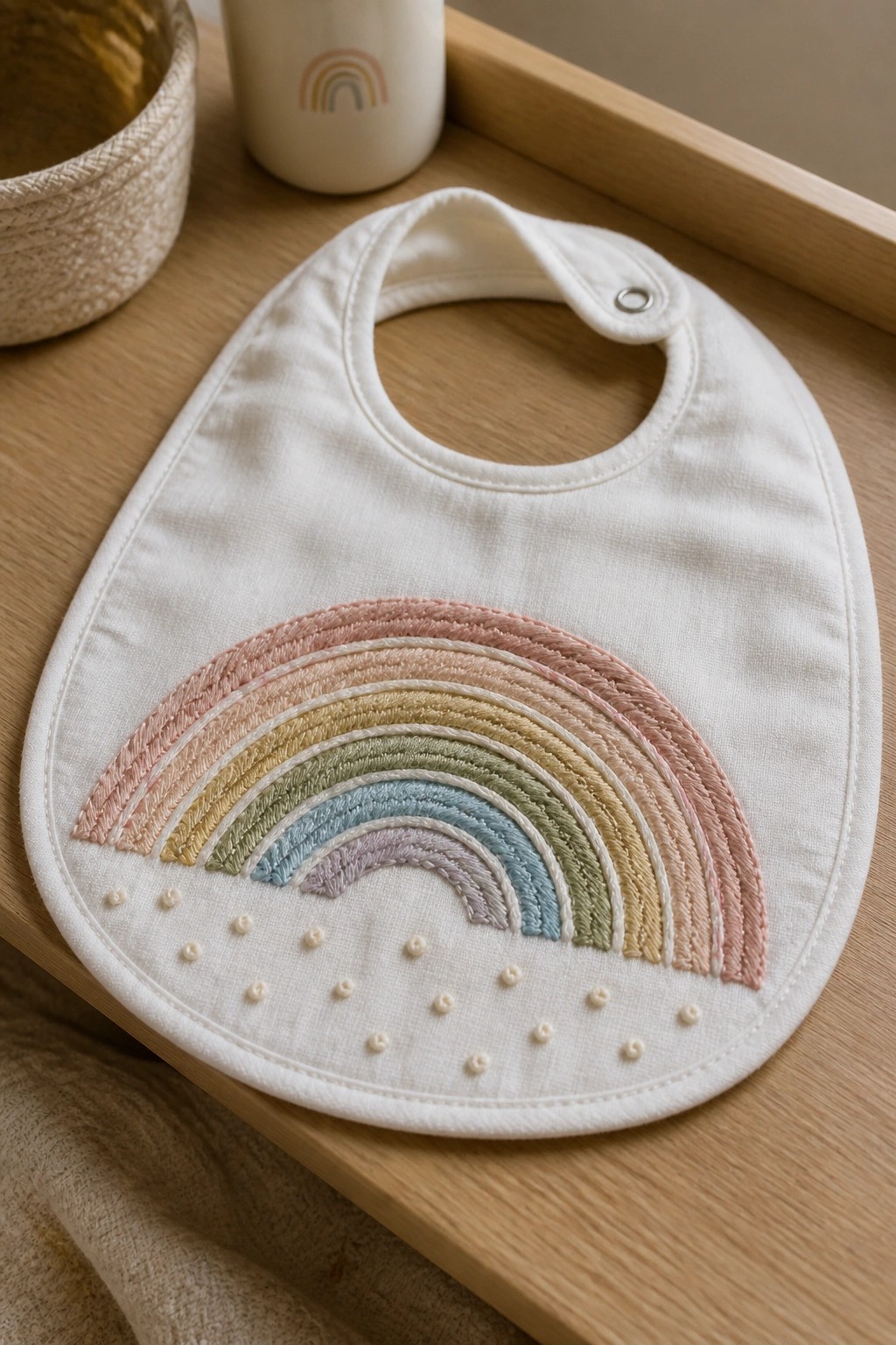 White baby bib with pastel rainbow embroidery and dots on a wooden surface.