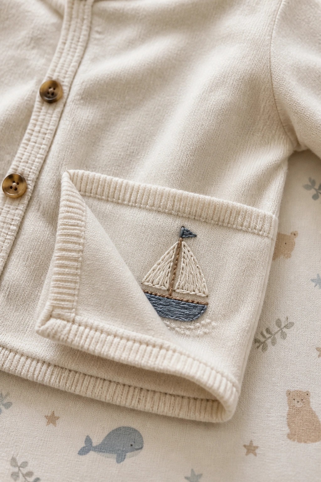 Cream baby cardigan pocket with embroidered sailboat and wooden buttons