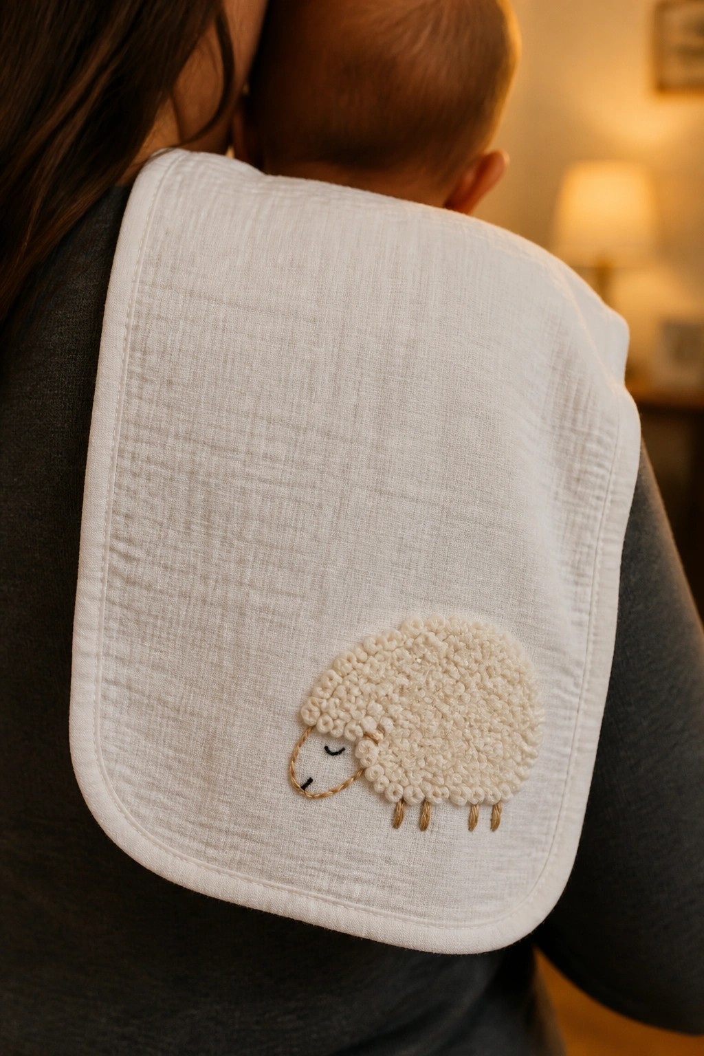 White burp cloth with embroidered sheep on shoulder of adult holding baby