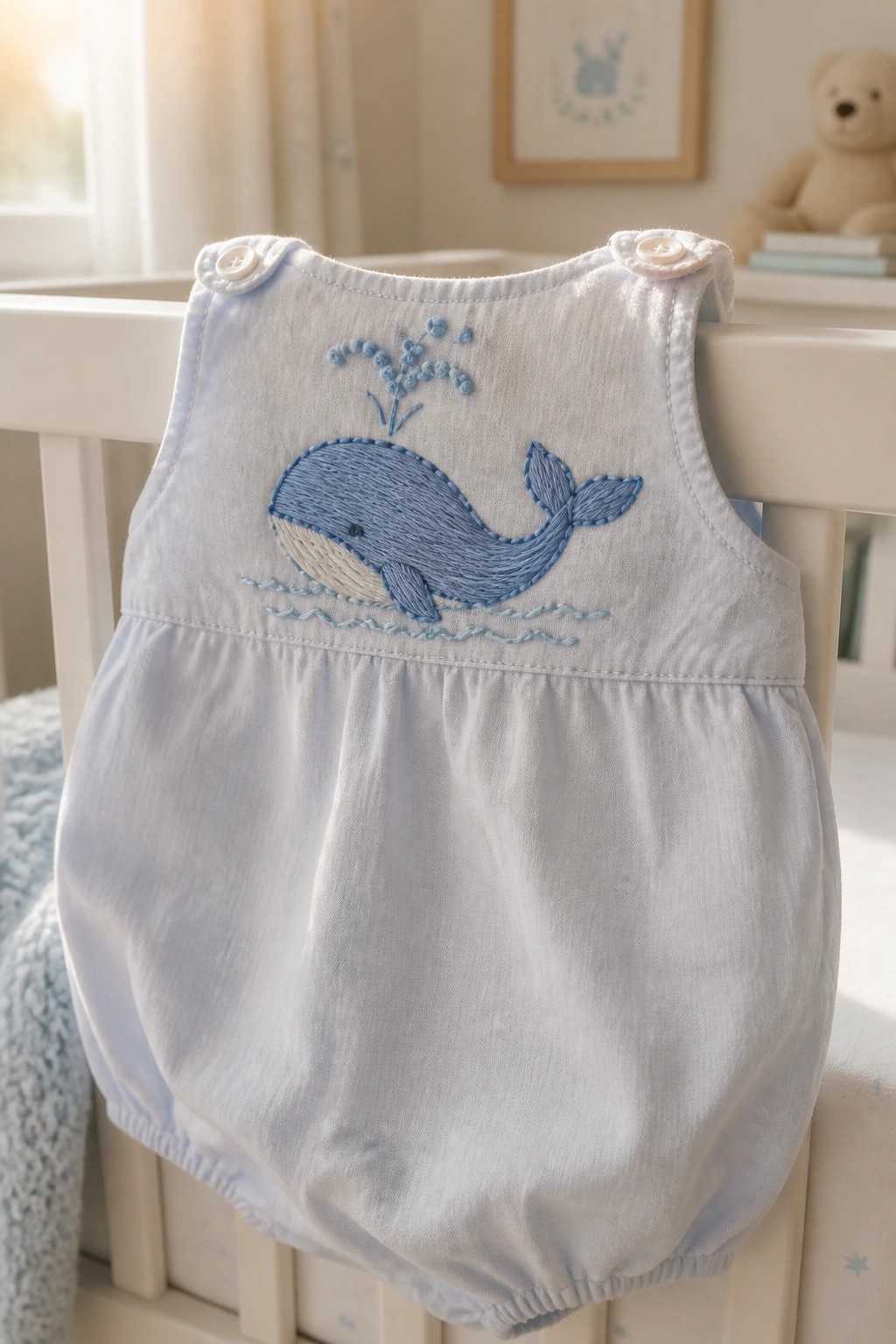 Light blue baby romper with embroidered whale hanging on white crib in nursery