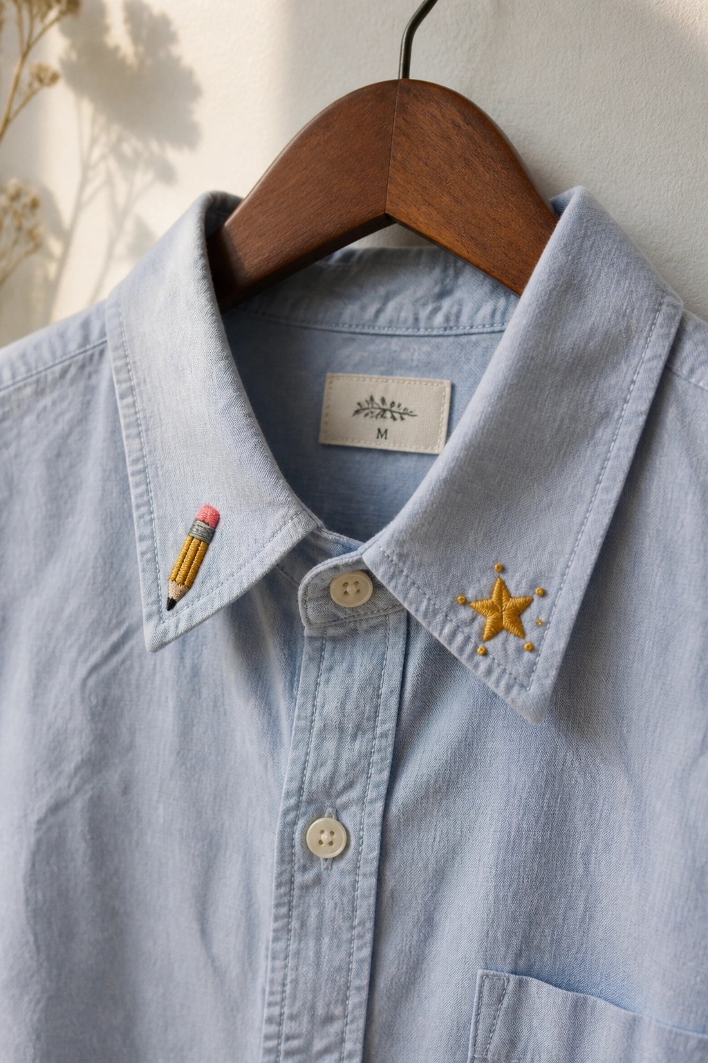 Light blue shirt on wooden hanger with pencil and star collar embroidery