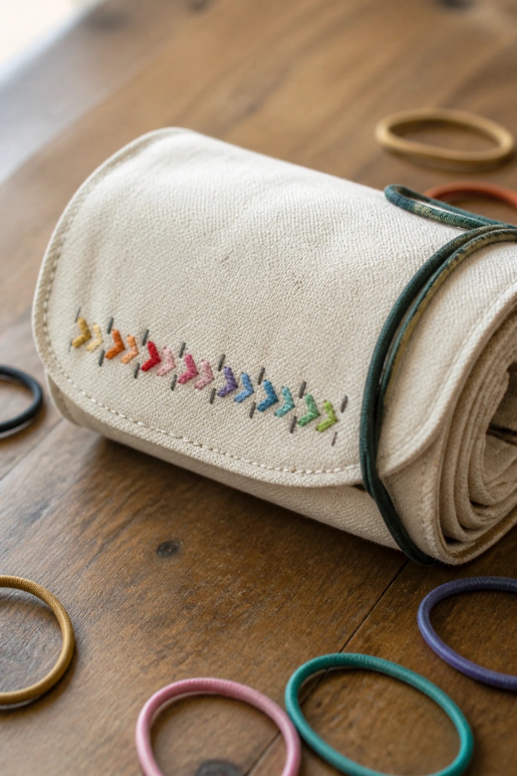 Rolled beige pouch with rainbow arrow embroidery amid colorful hair ties on wood