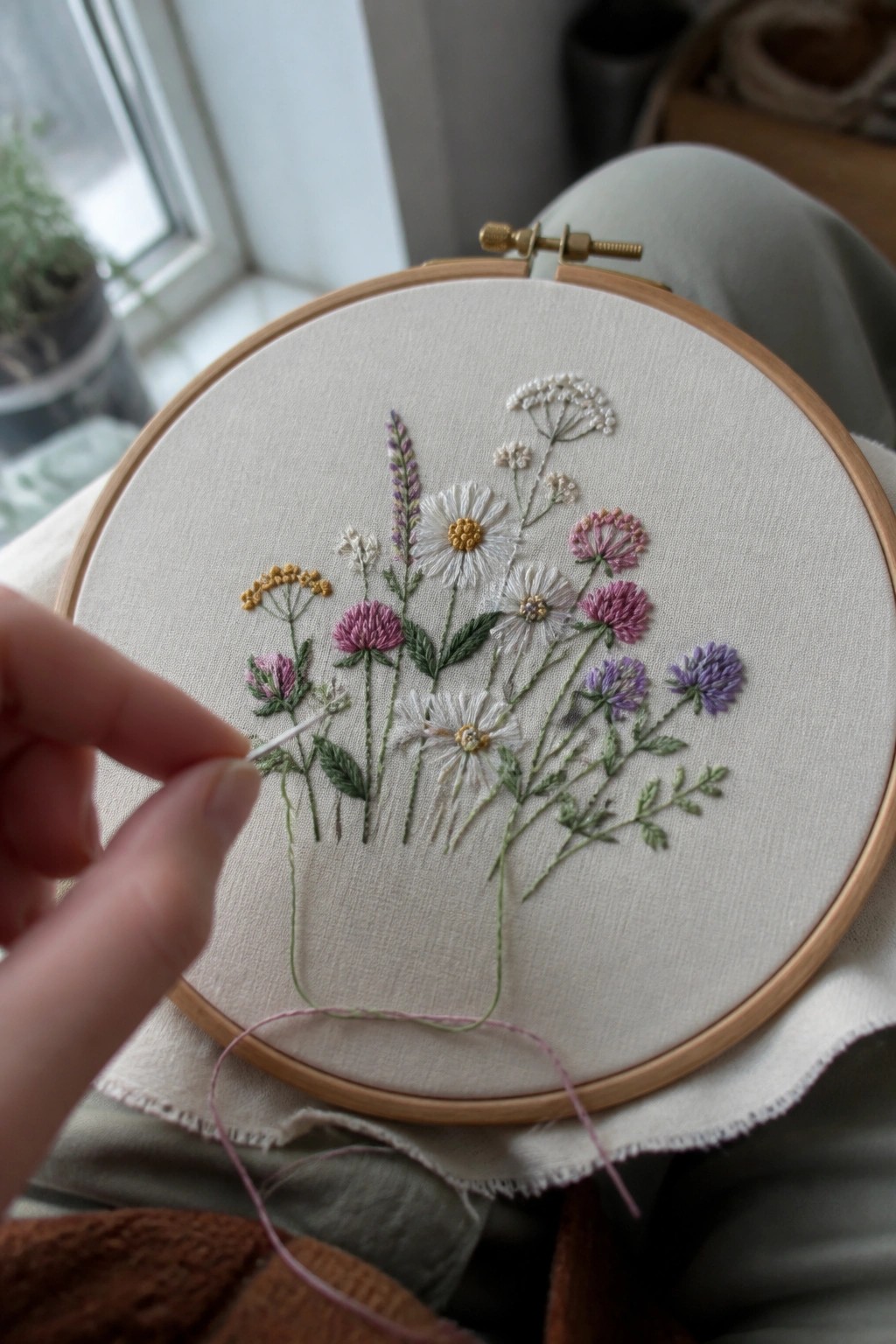 Hand holding needle with pink thread above colorful wildflower embroidery in hoop