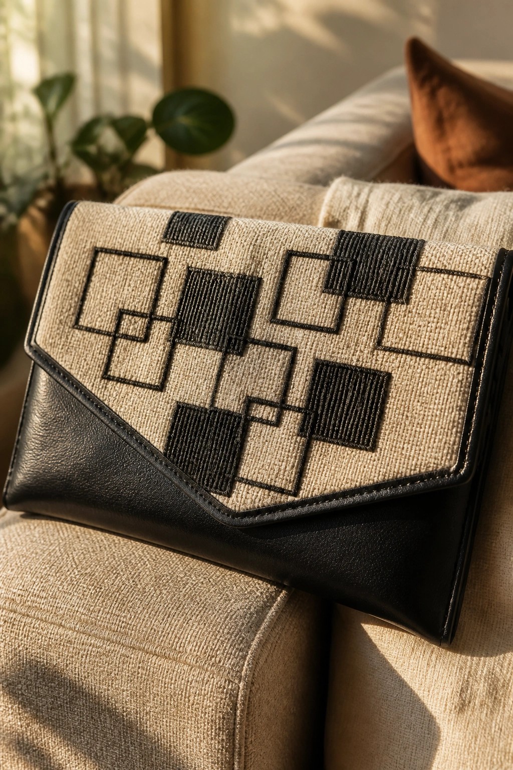 Beige clutch with black geometric embroidery and leather base on sunlit couch.