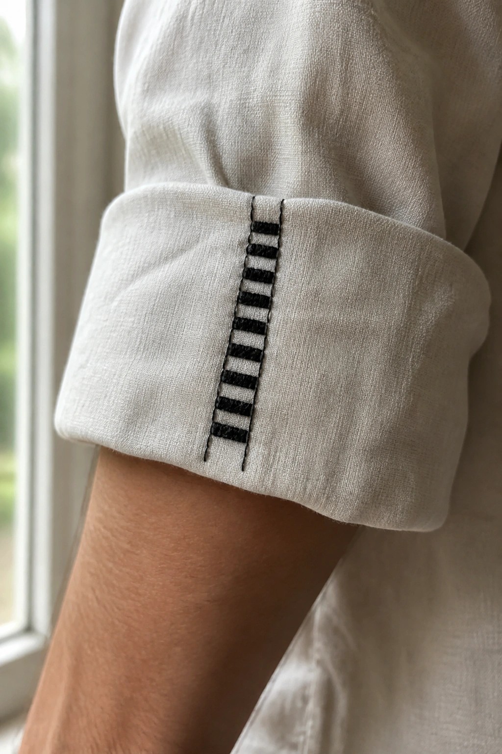 White shirt cuff with black ladder embroidery rolled on an arm