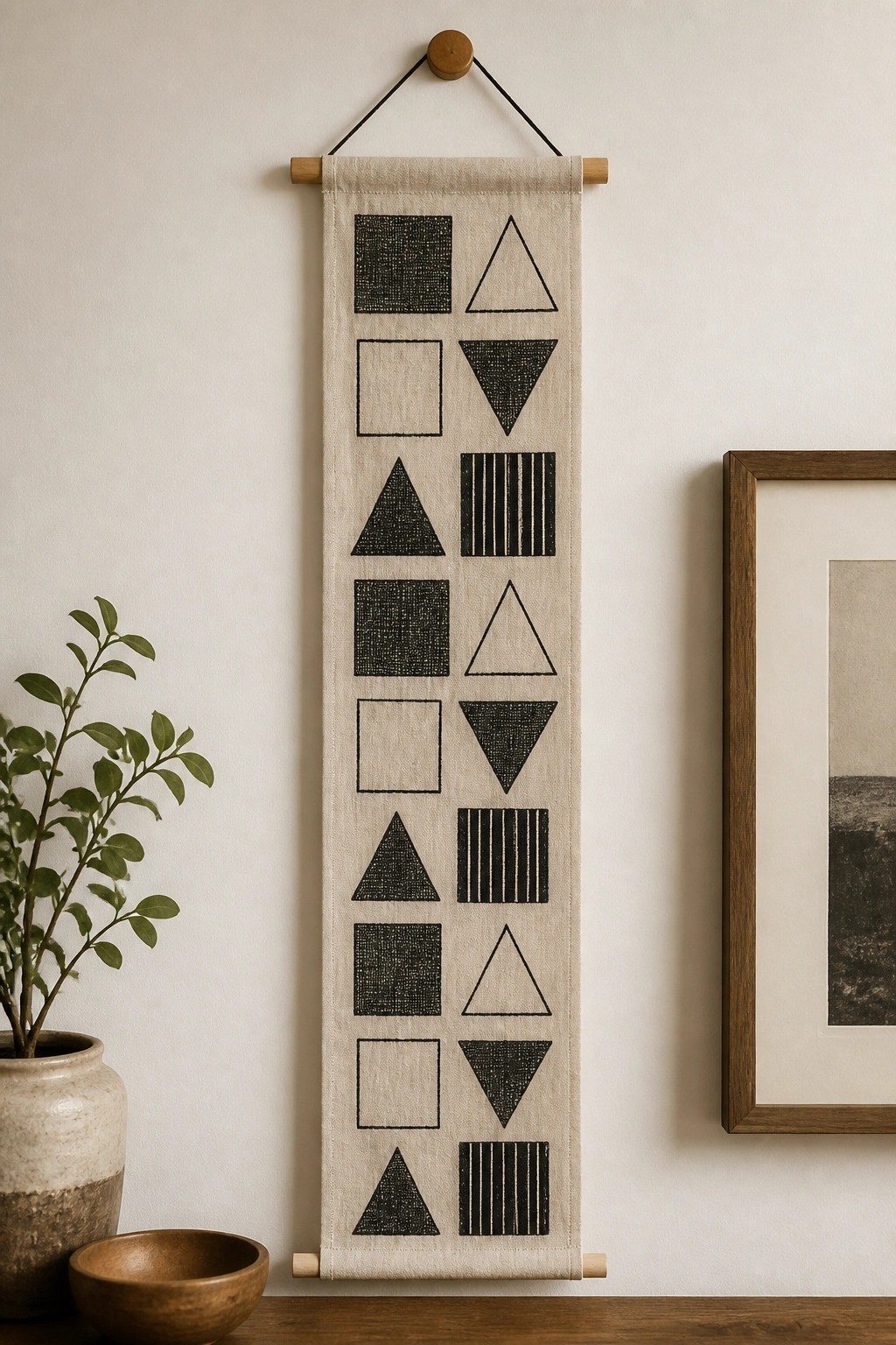 Beige wall hanging with rows of black geometric triangles, squares, and lines