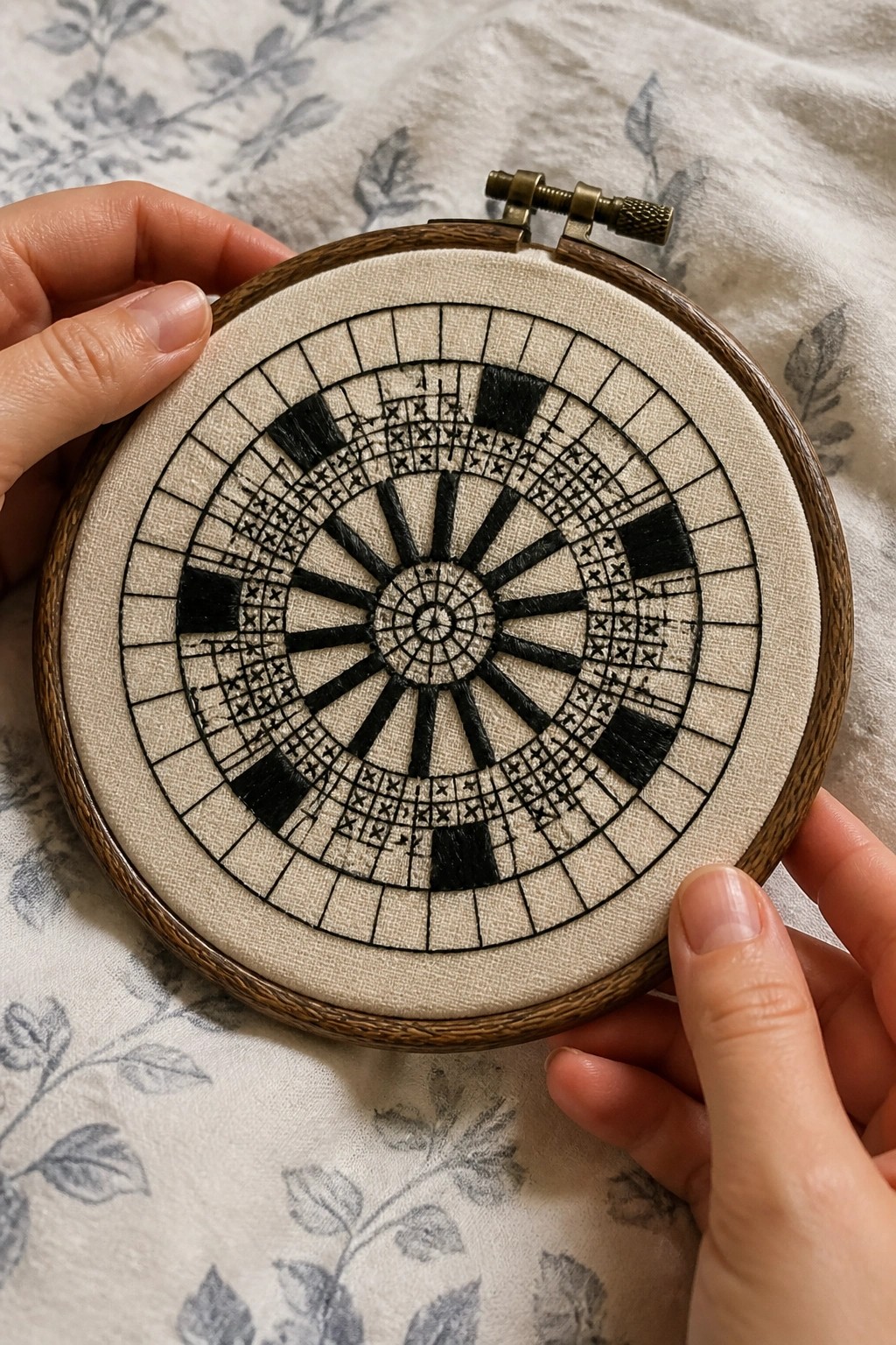 Hands holding wooden hoop with intricate black circular embroidery on cream fabric.