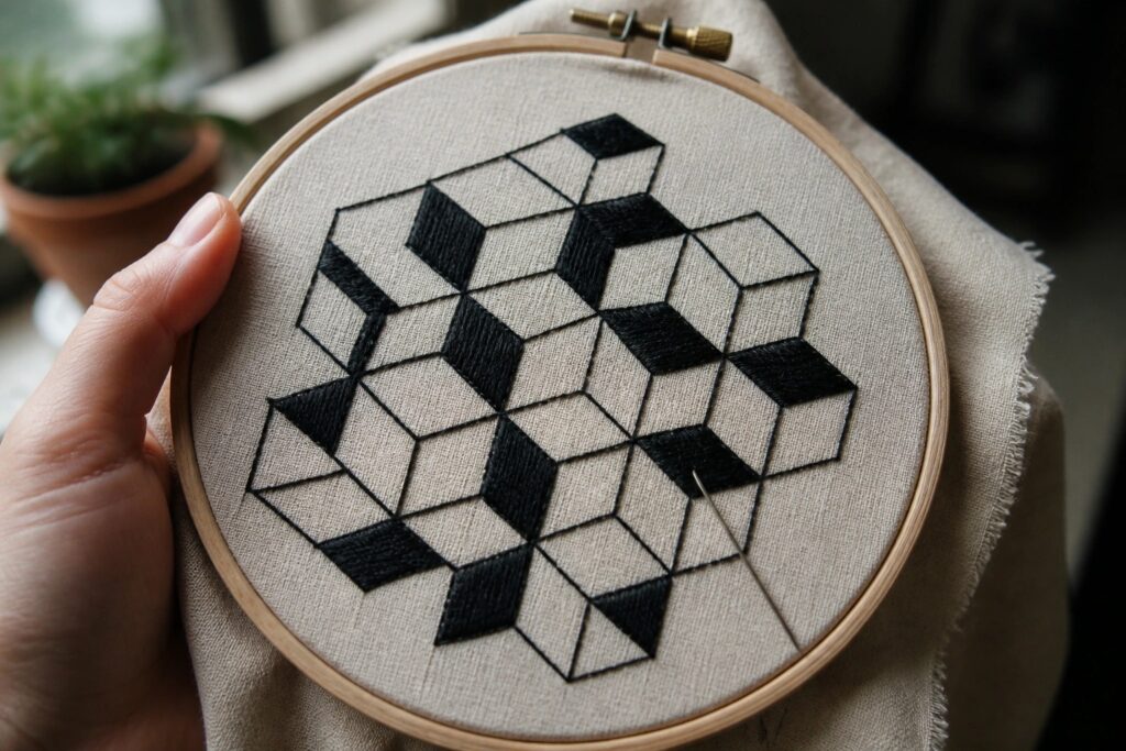 Hand holding wooden hoop with black geometric 3D cube embroidery on beige fabric