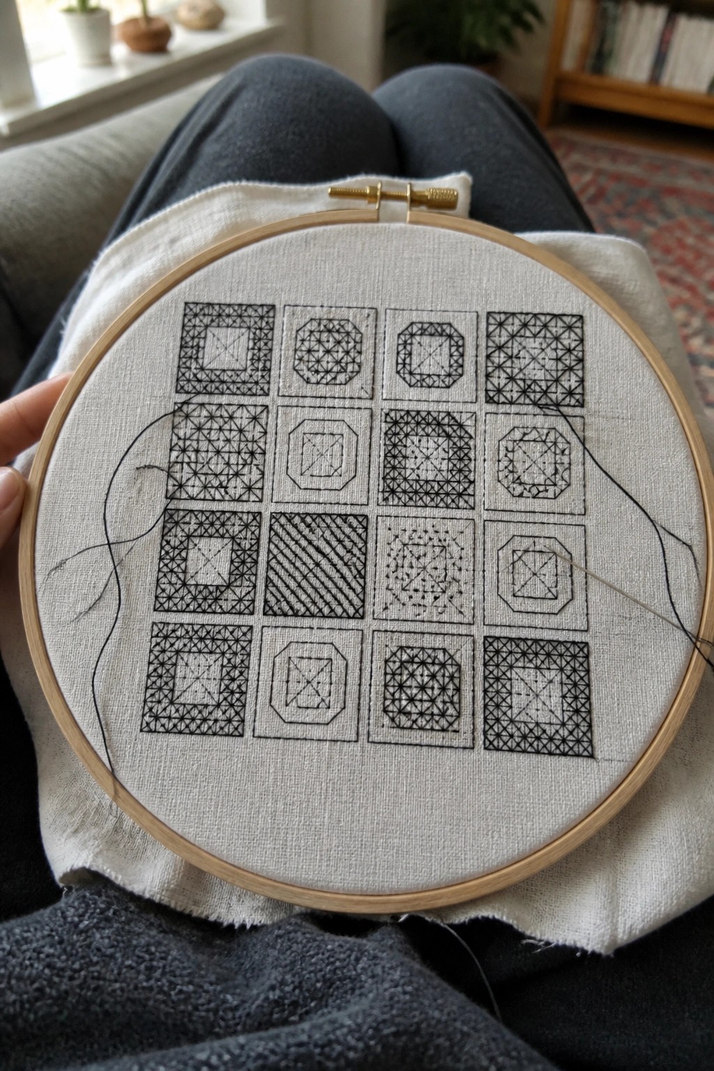 Wooden hoop with black geometric embroidery patterns on white fabric over denim lap