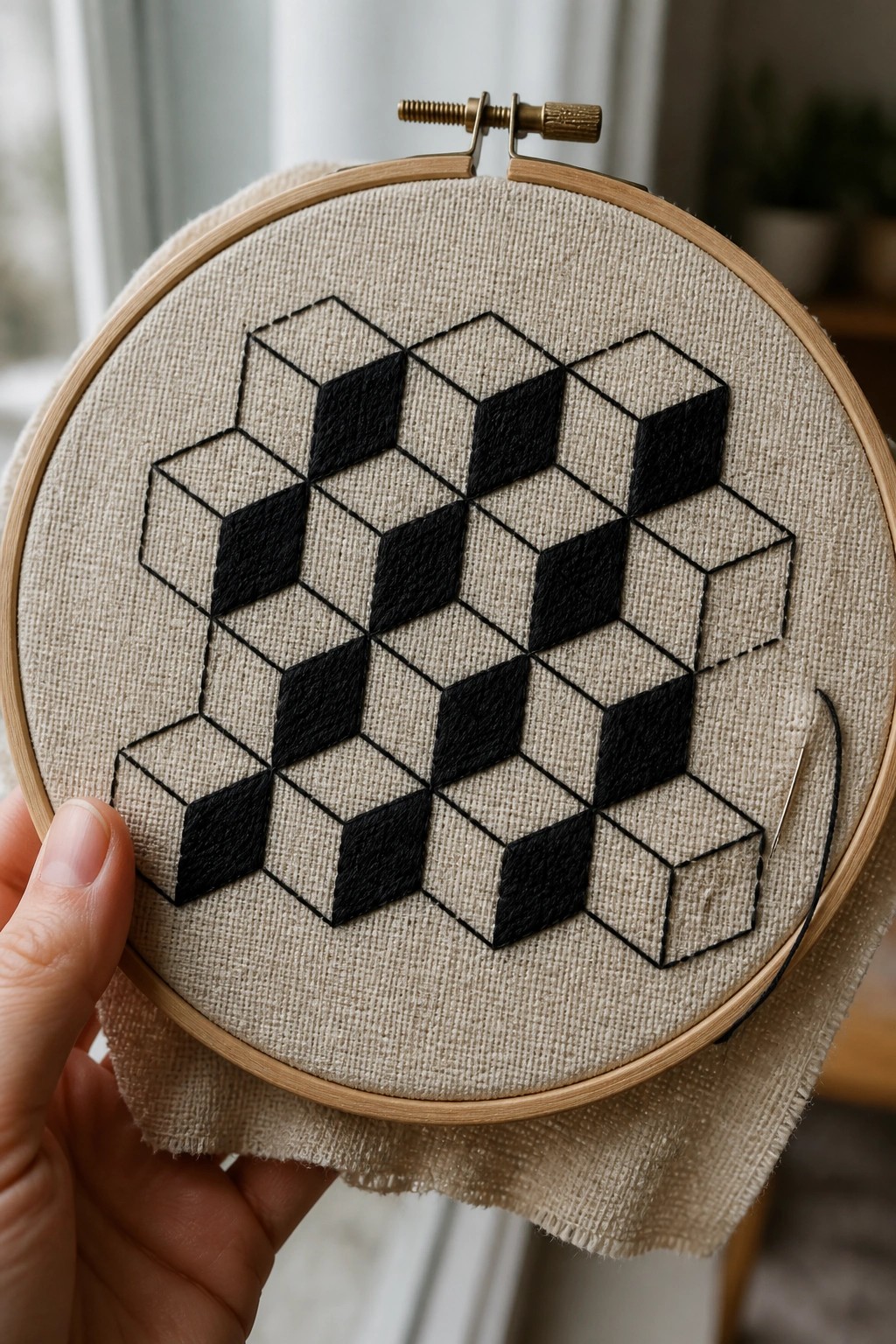 Hand holding wooden hoop with black geometric 3D cube embroidery on beige fabric