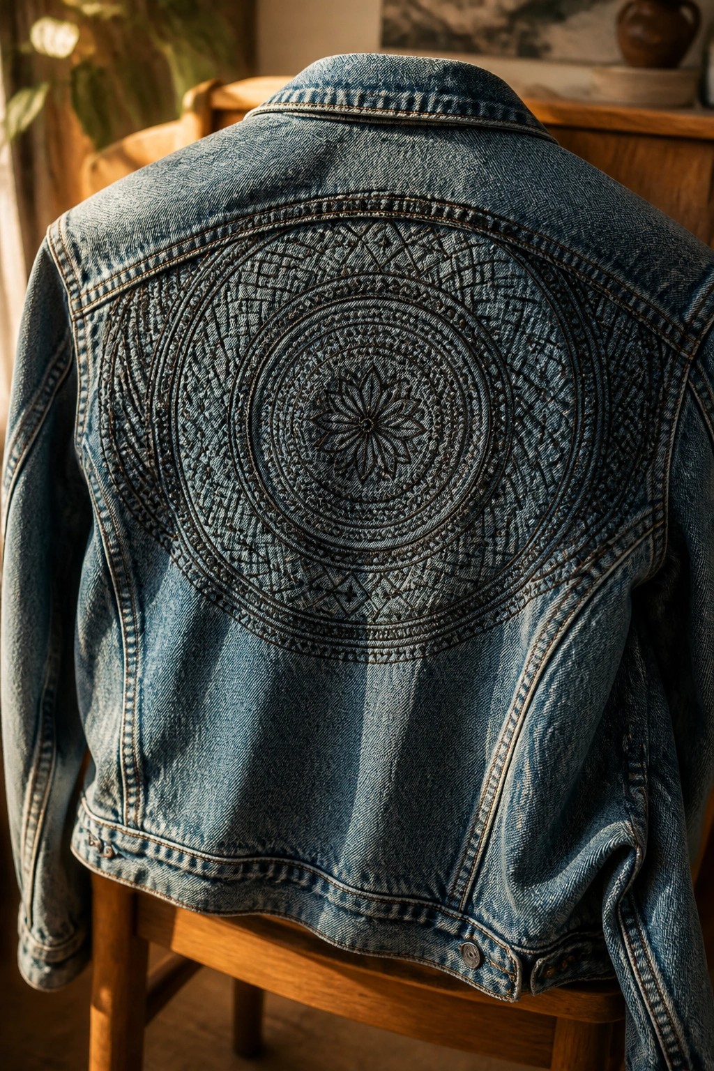 Blue denim jacket with intricate circular mandala embroidery draped over wooden chair