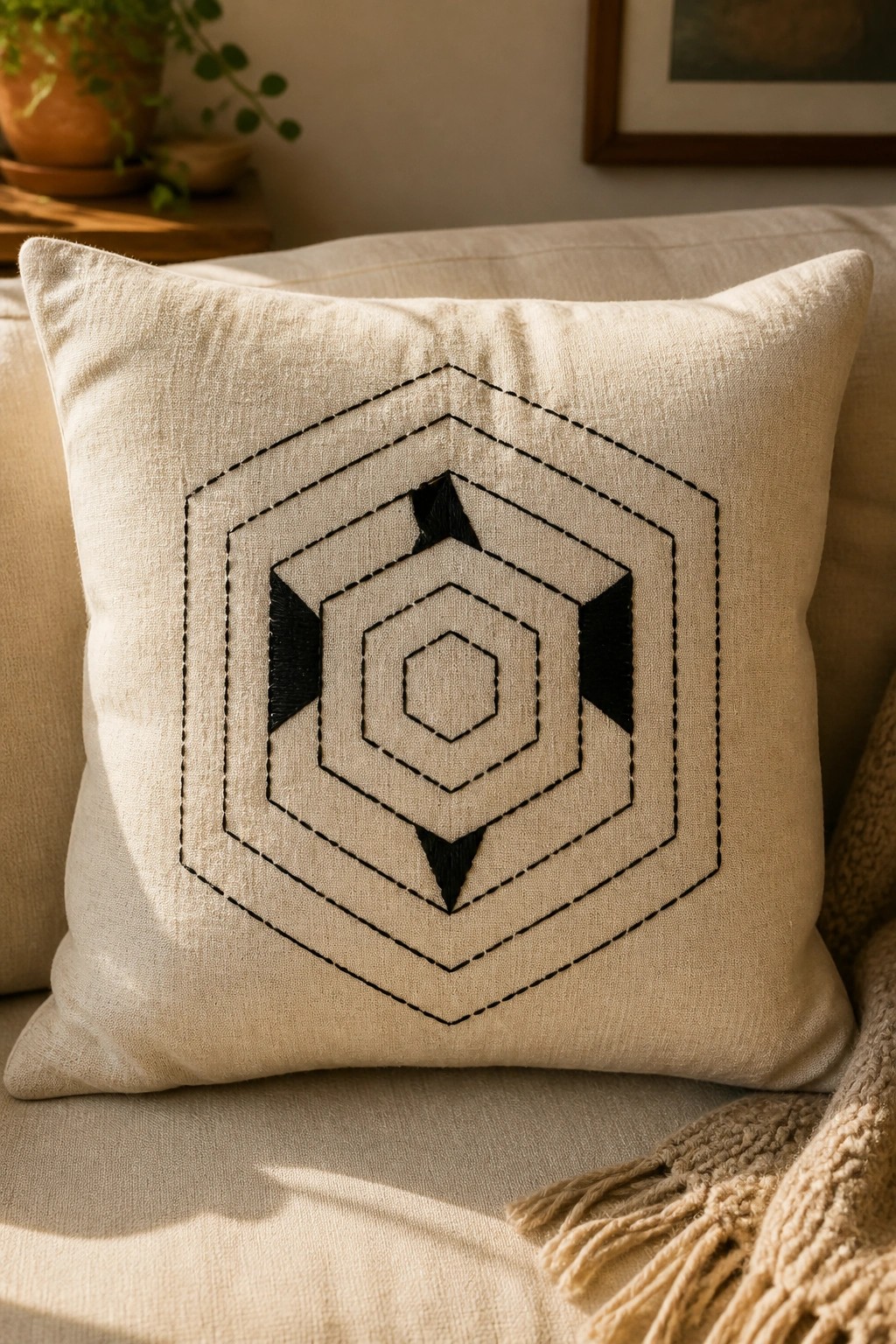 Beige pillow with black embroidered concentric hexagons resting on a light sofa.