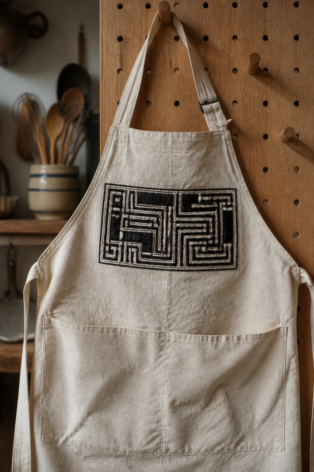 A beige apron with a large black rectangular geometric embroidery design on the bib hangs on a wooden pegboard.