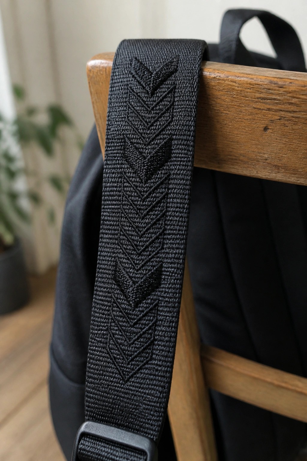 Black woven strap with arrow patterns draped over wooden chair back