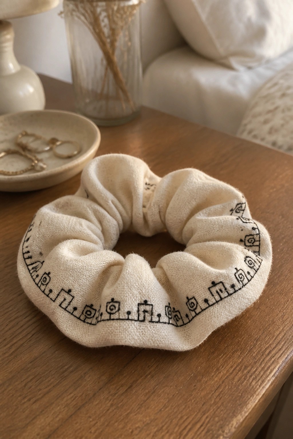 Cream scrunchie with black embroidered house motifs on wooden table