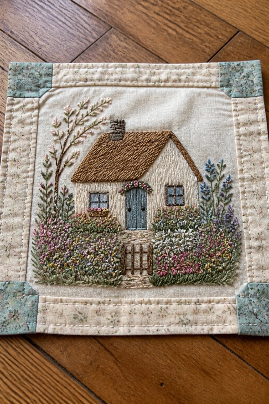 Embroidered cottage with thatched roof, blue door, and colorful flower gardens