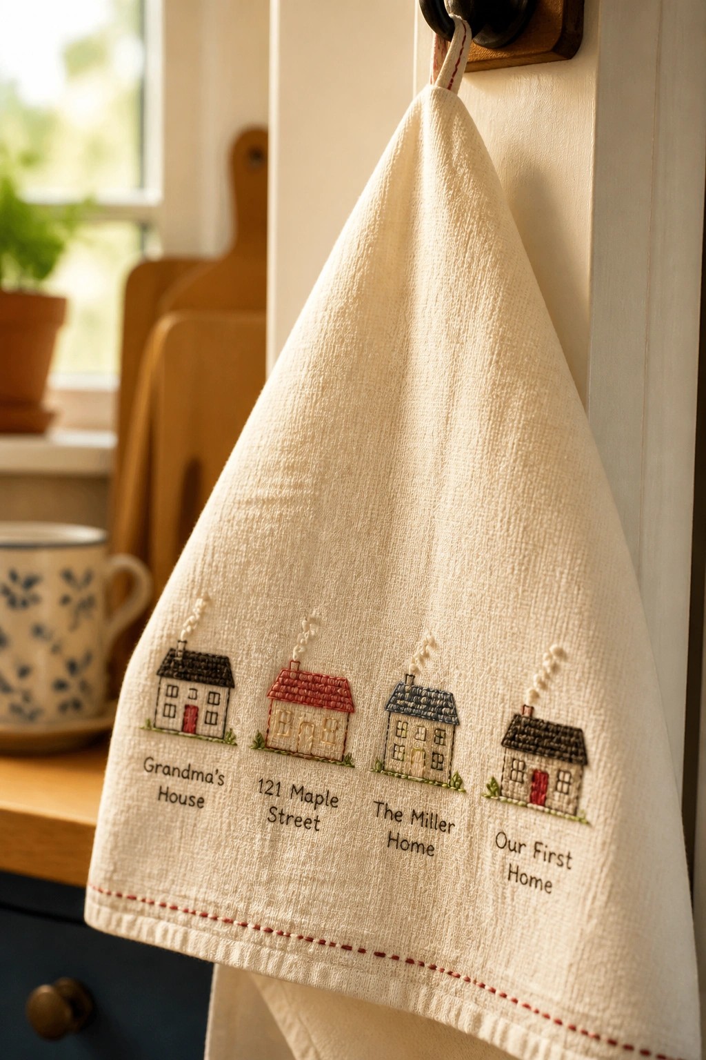Embroidered white towel with four colorful houses and labels hanging on a black knob.