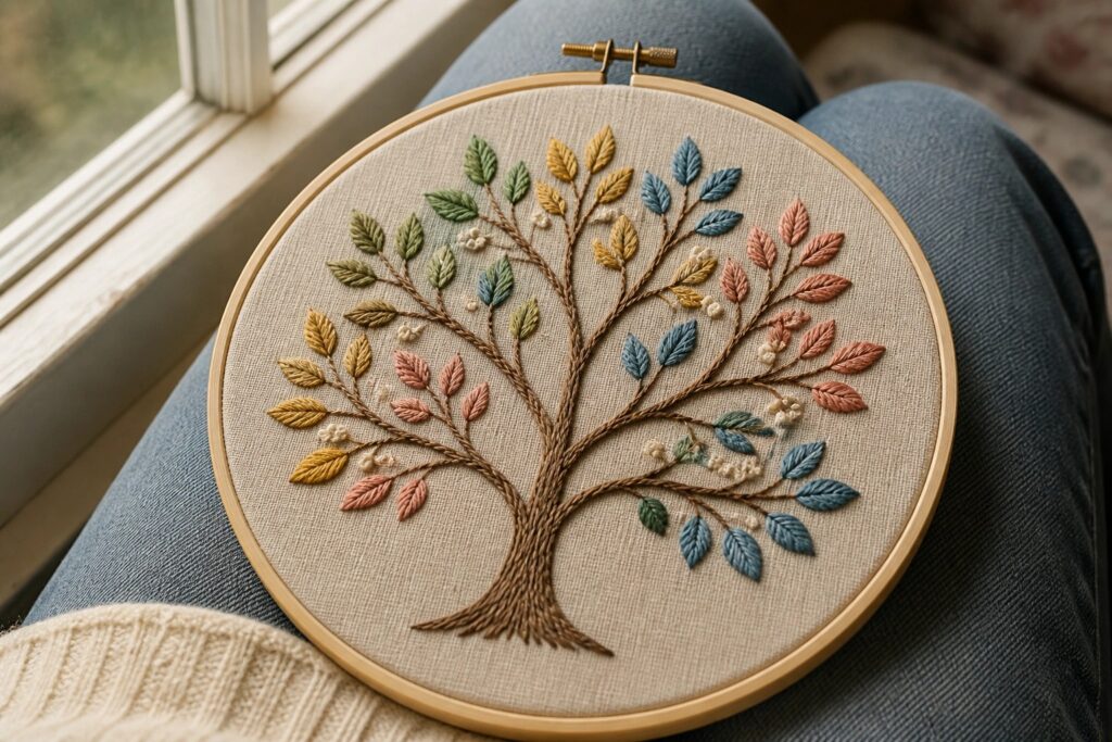 19 Beautiful Embroidery Gift Ideas for Meaningful Family Keepsakes A tree with a brown trunk and roots and leaves in green, blue, pink, and yellow shades embroidered on fabric in a wooden hoop.
