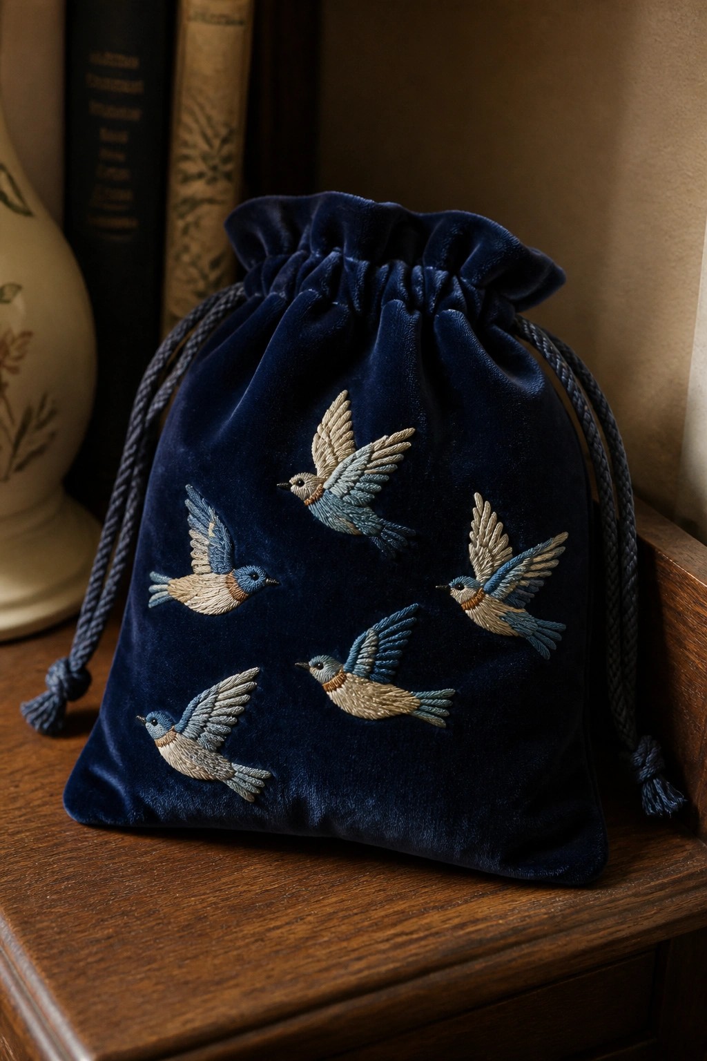 Navy velvet drawstring pouch embroidered with five blue flying birds on wood.