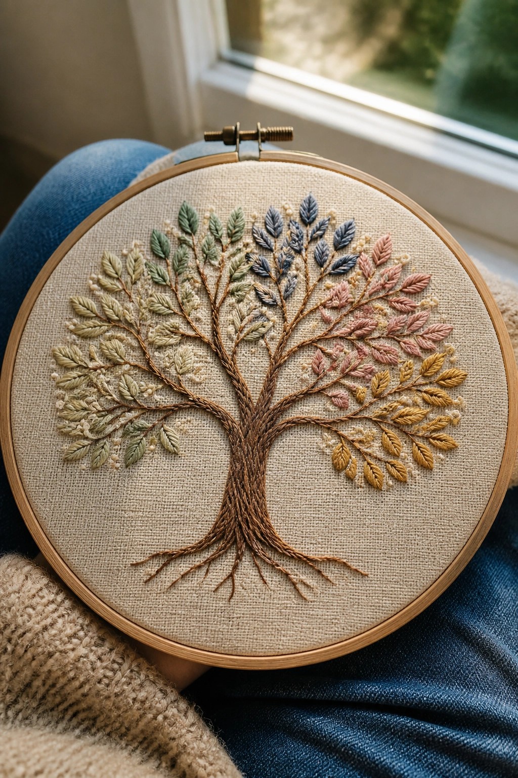 A tree with a brown trunk and roots and leaves in green, blue, pink, and yellow shades embroidered on fabric in a wooden hoop.