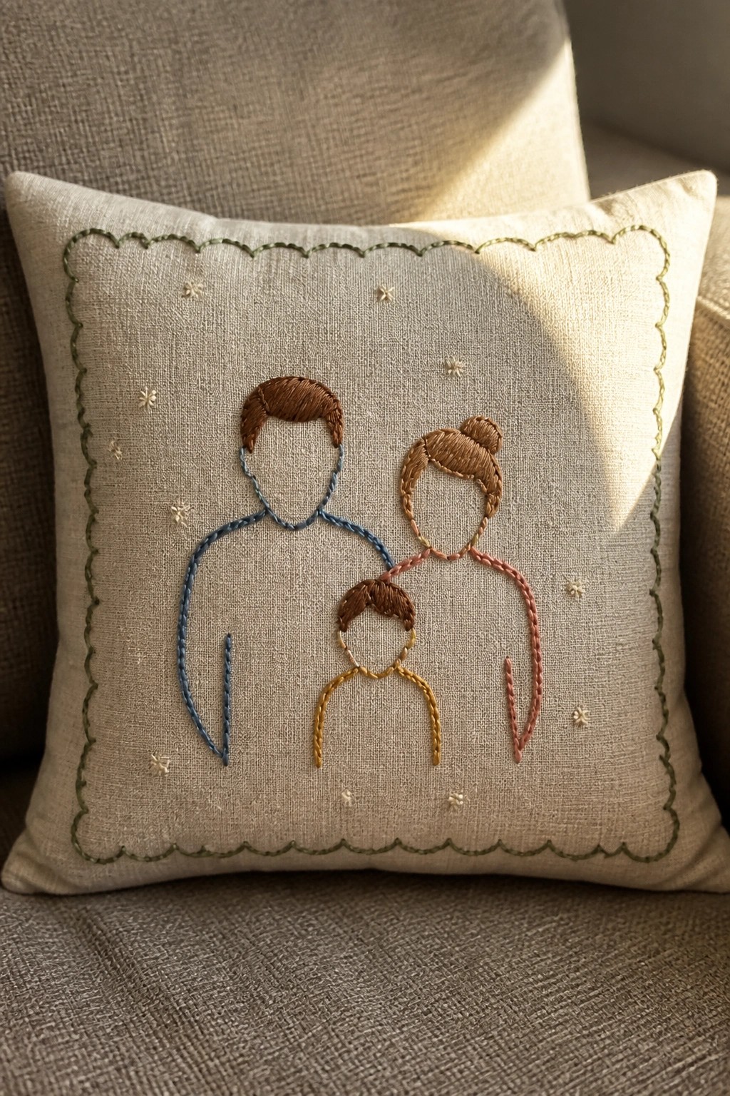 Beige embroidered pillow with family of three in colorful threads and scalloped green border.