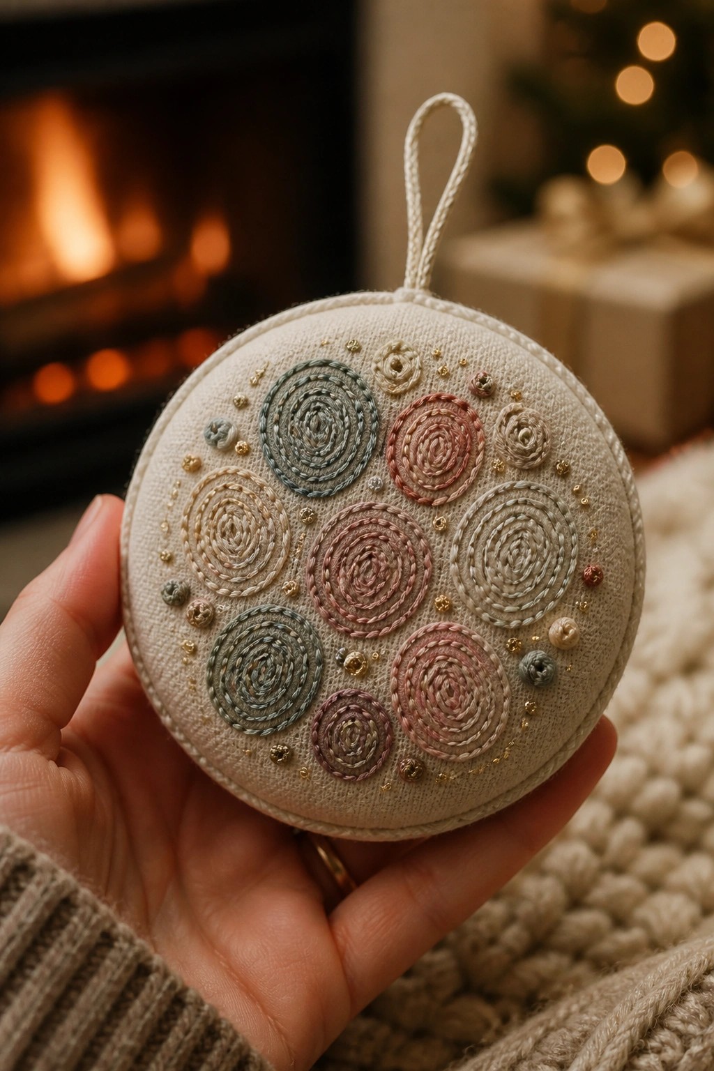 A hand holds a round beige fabric ornament covered in embroidered spirals in soft colors with gold dots and a hanging loop.