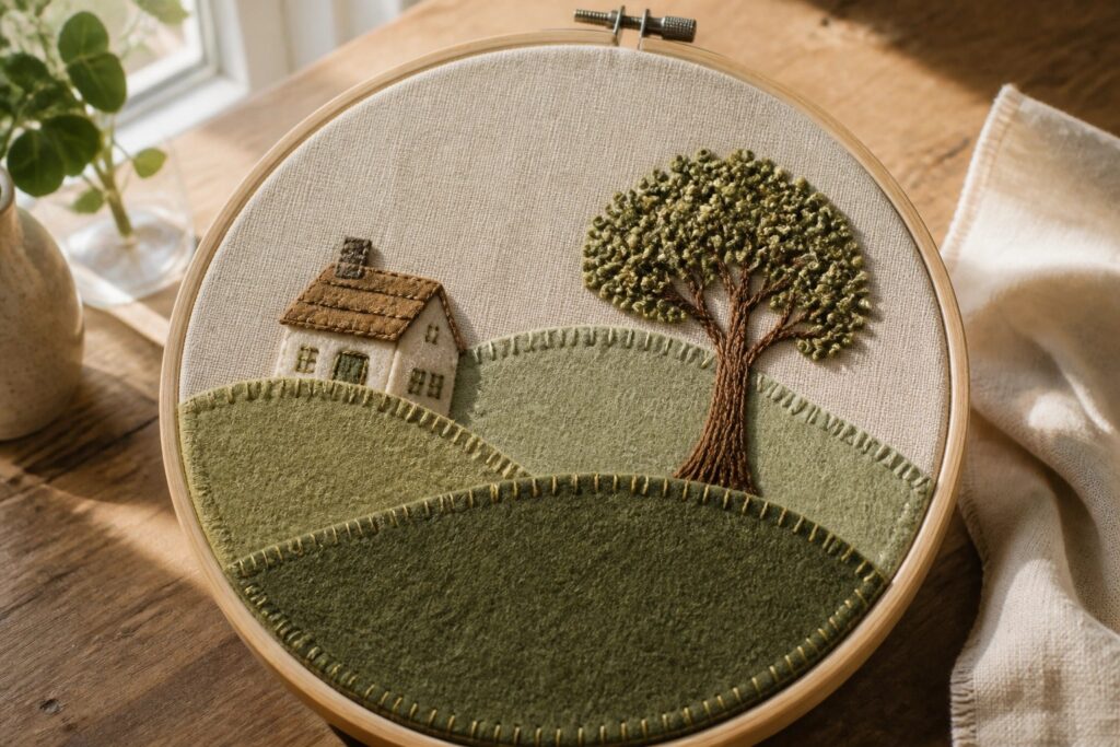 Embroidery hoop with stitched house, tree, and layered green felt hills