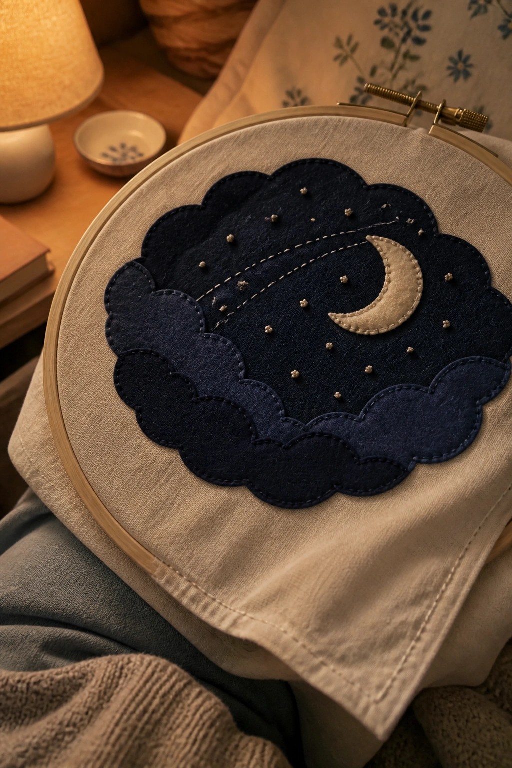 An embroidery hoop with beige fabric shows a dark blue felt cloud appliqué containing a beige crescent moon and scattered star dots.