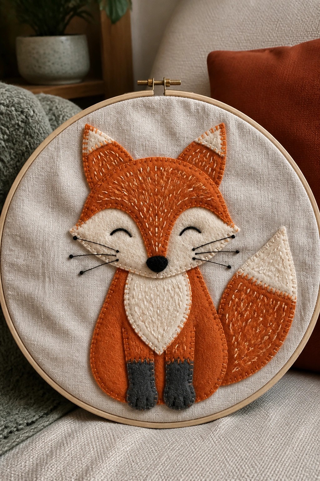 Orange and white felt fox with closed eyes in embroidery hoop