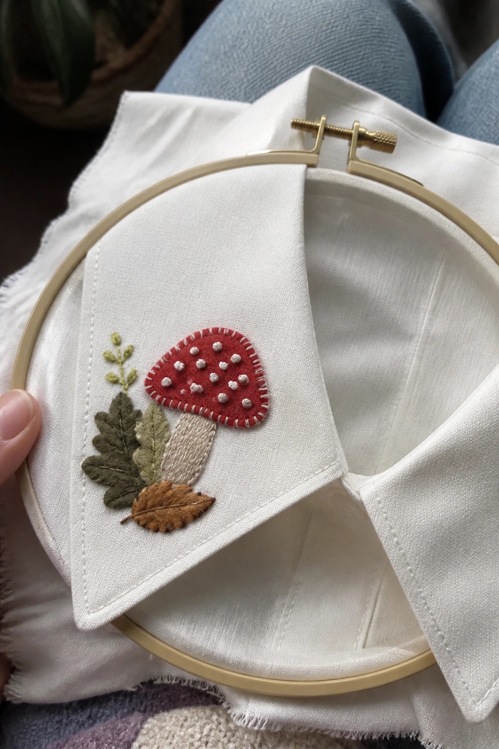 Hand holding hoop with red mushroom appliqué and embroidered leaves on white fabric