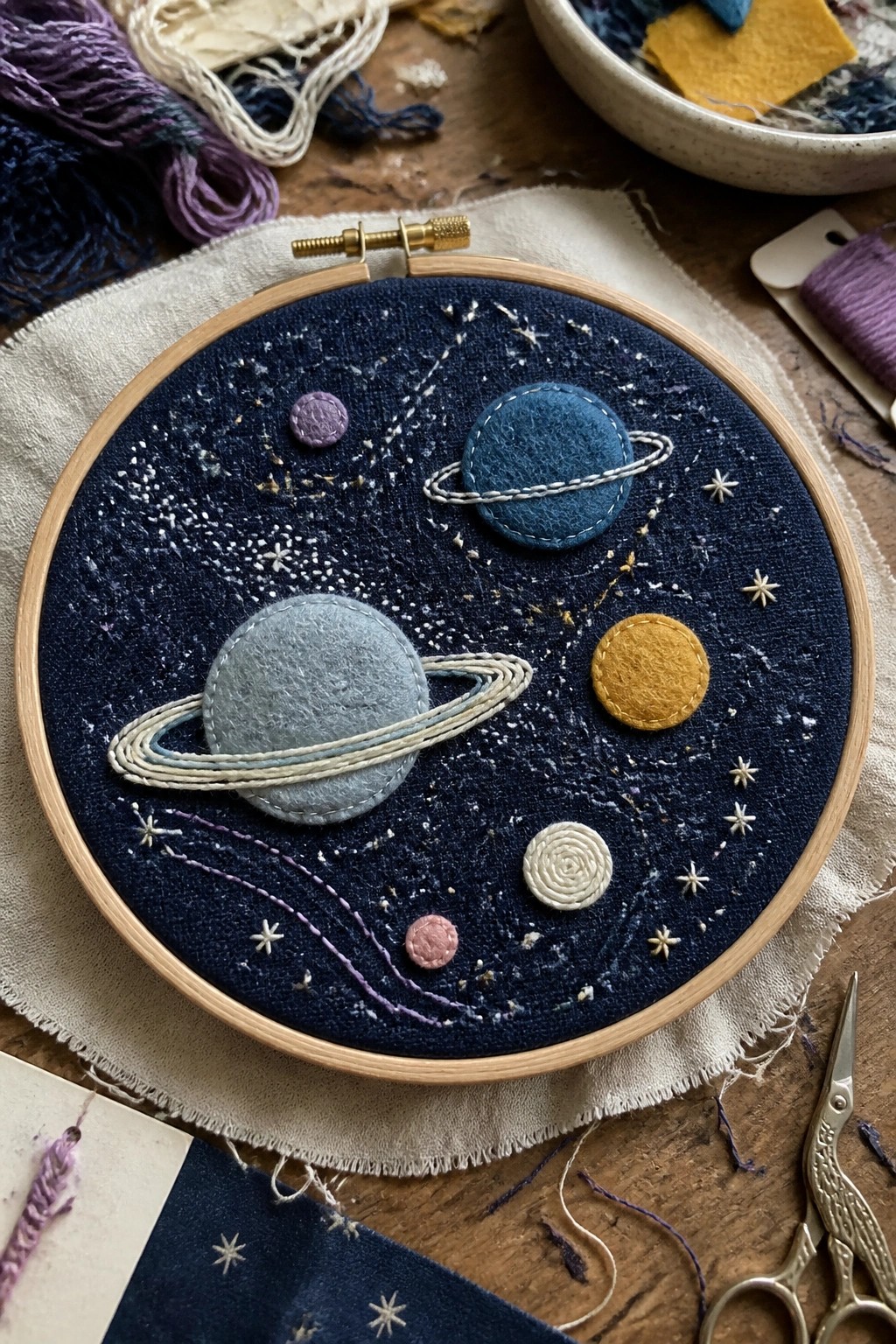 Wooden hoop with felt planets, rings, and embroidered stars on navy fabric amid threads.