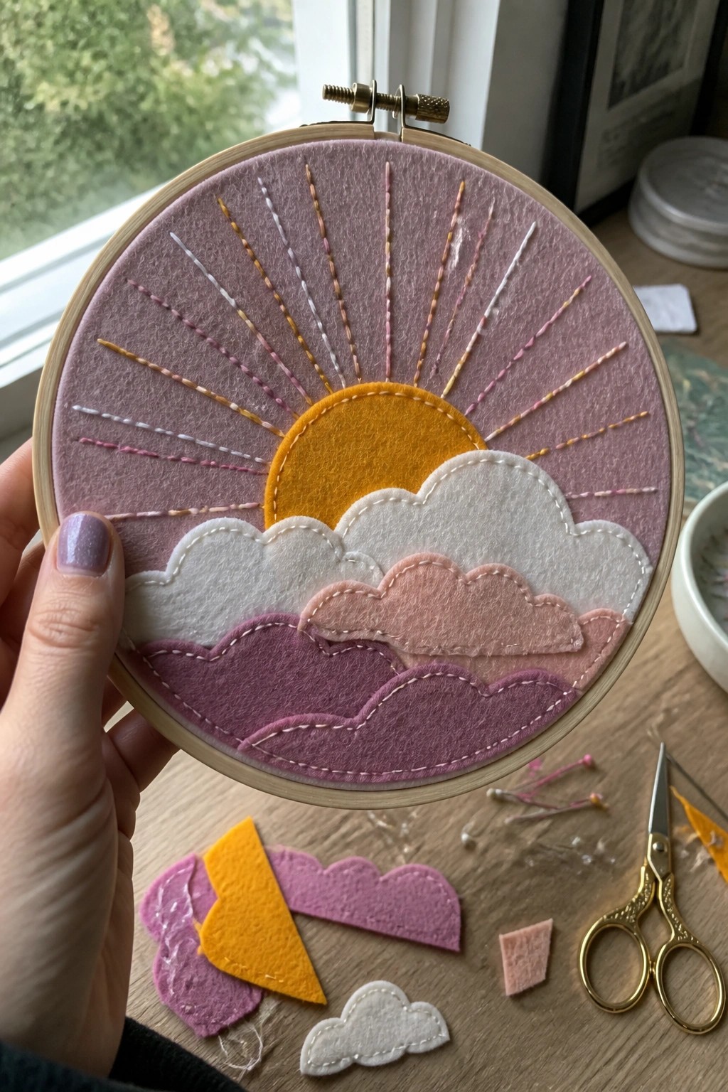 Hand holding embroidery hoop with felt sun, clouds, and colorful stitched rays.