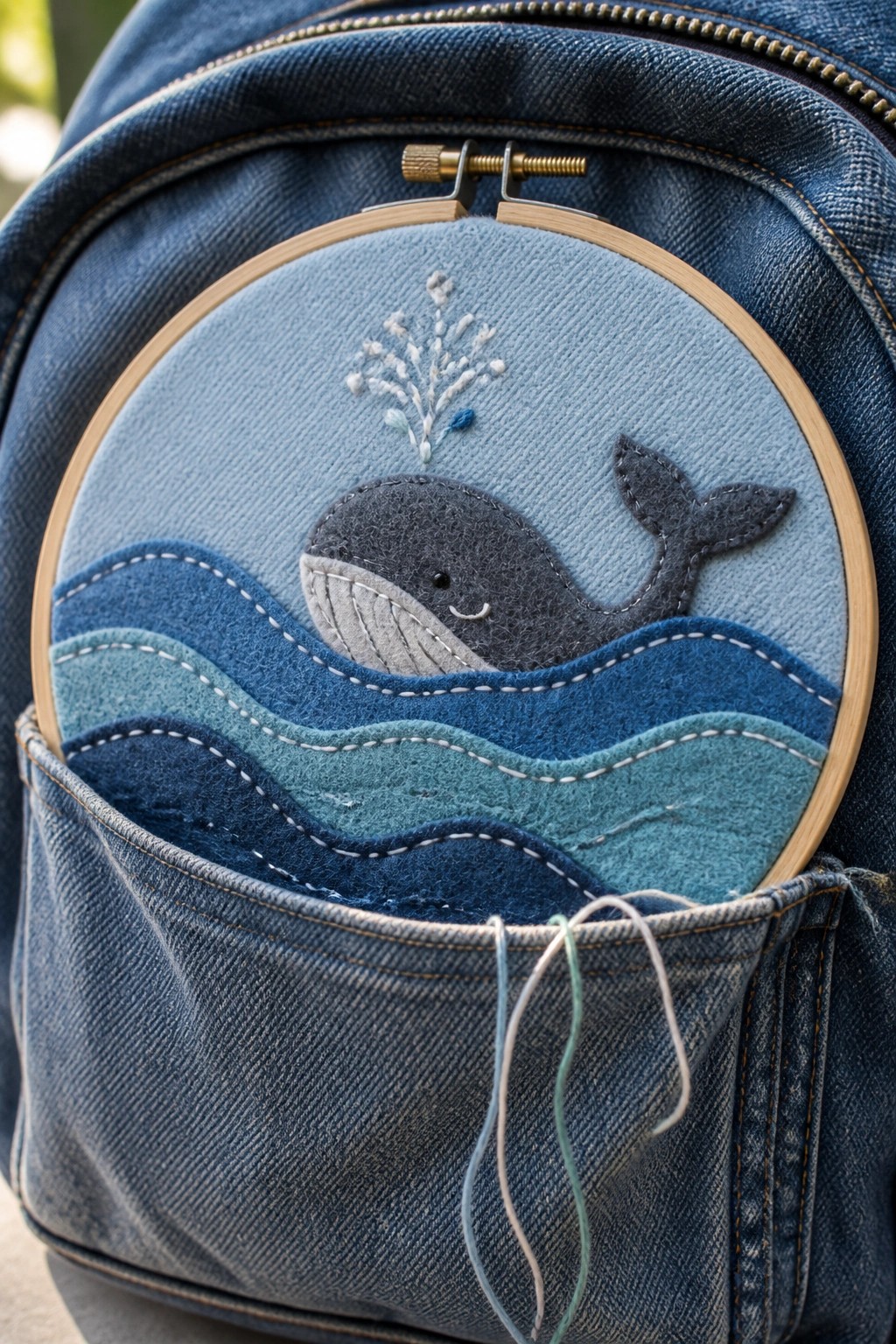 Blue denim backpack with wooden hoop embroidery of gray whale amid blue waves