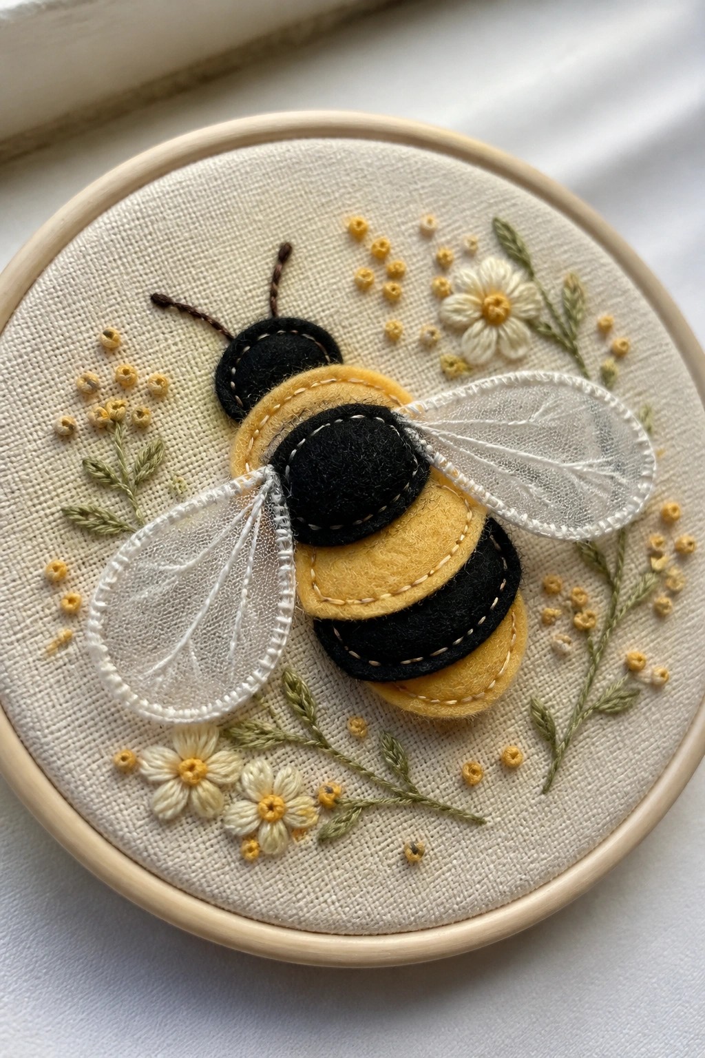 Yellow and black felt bumblebee with translucent wings amid embroidered flowers in hoop