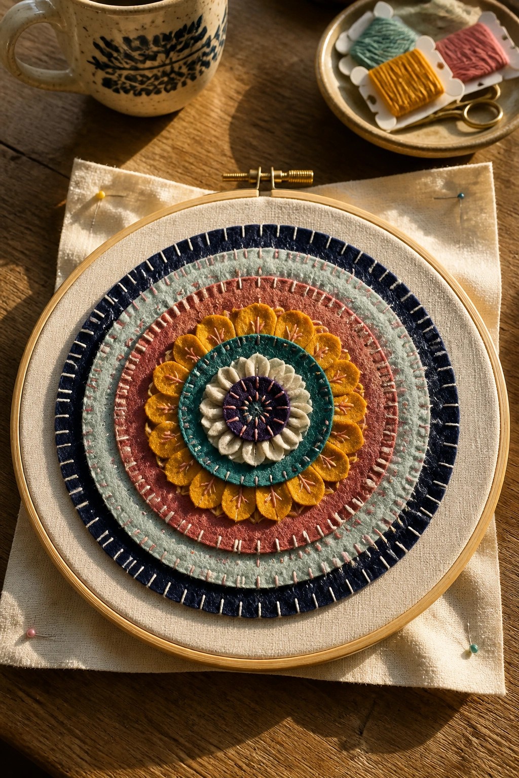 Colorful layered felt mandala stitched in embroidery hoop on wooden table with supplies