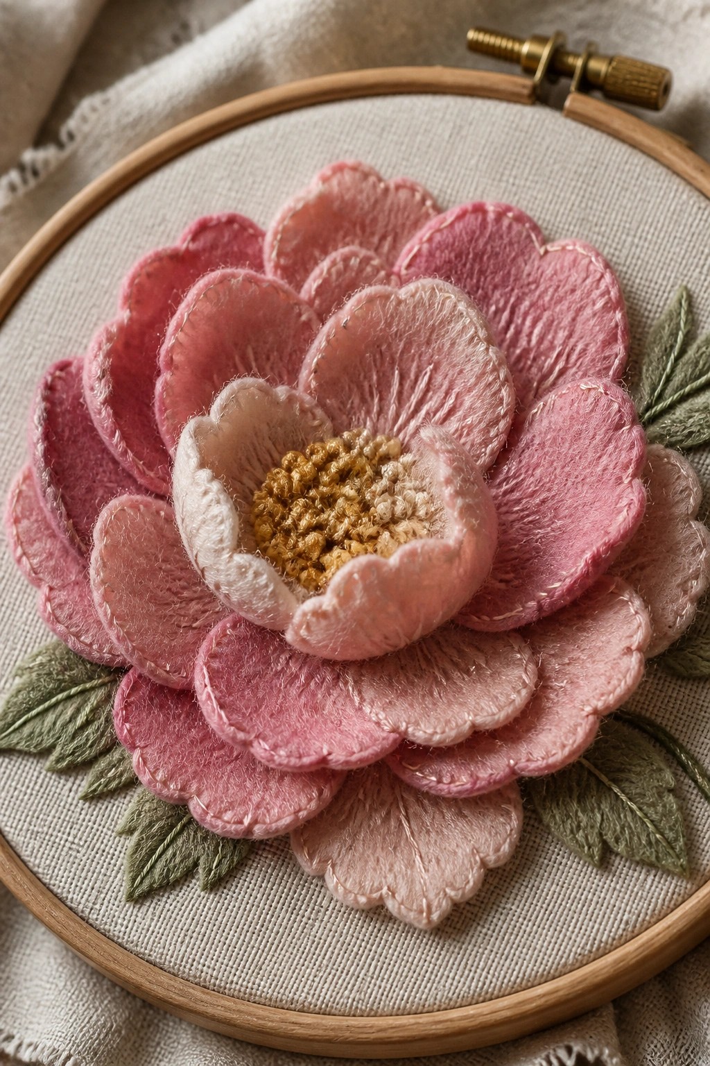 Pink felt flower with layered petals, yellow center, and green leaves in hoop
