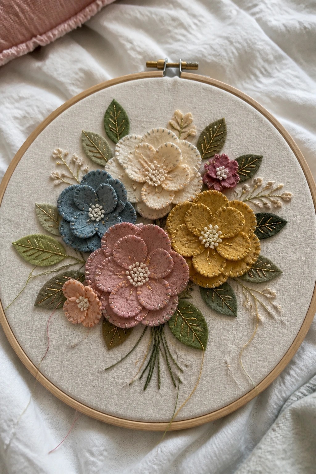 Pastel felt flowers in blue, pink, and yellow inside a wooden embroidery hoop.