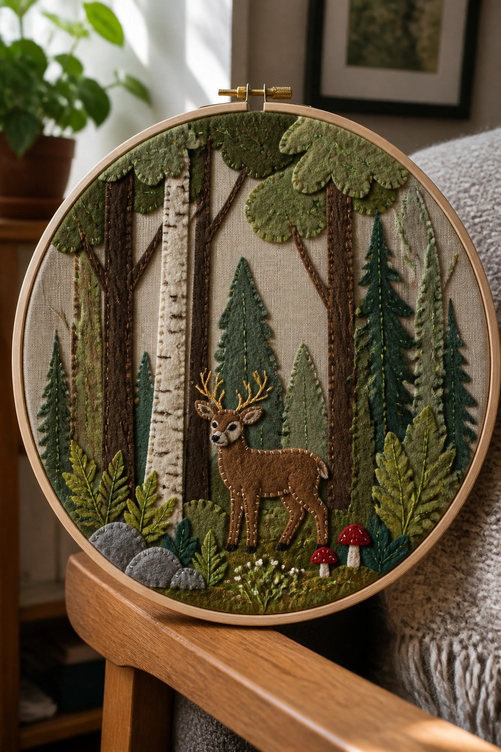 A wooden embroidery hoop displays a layered felt forest scene with multiple trees, a central deer, red mushrooms, and green foliage on a neutral fabric background.