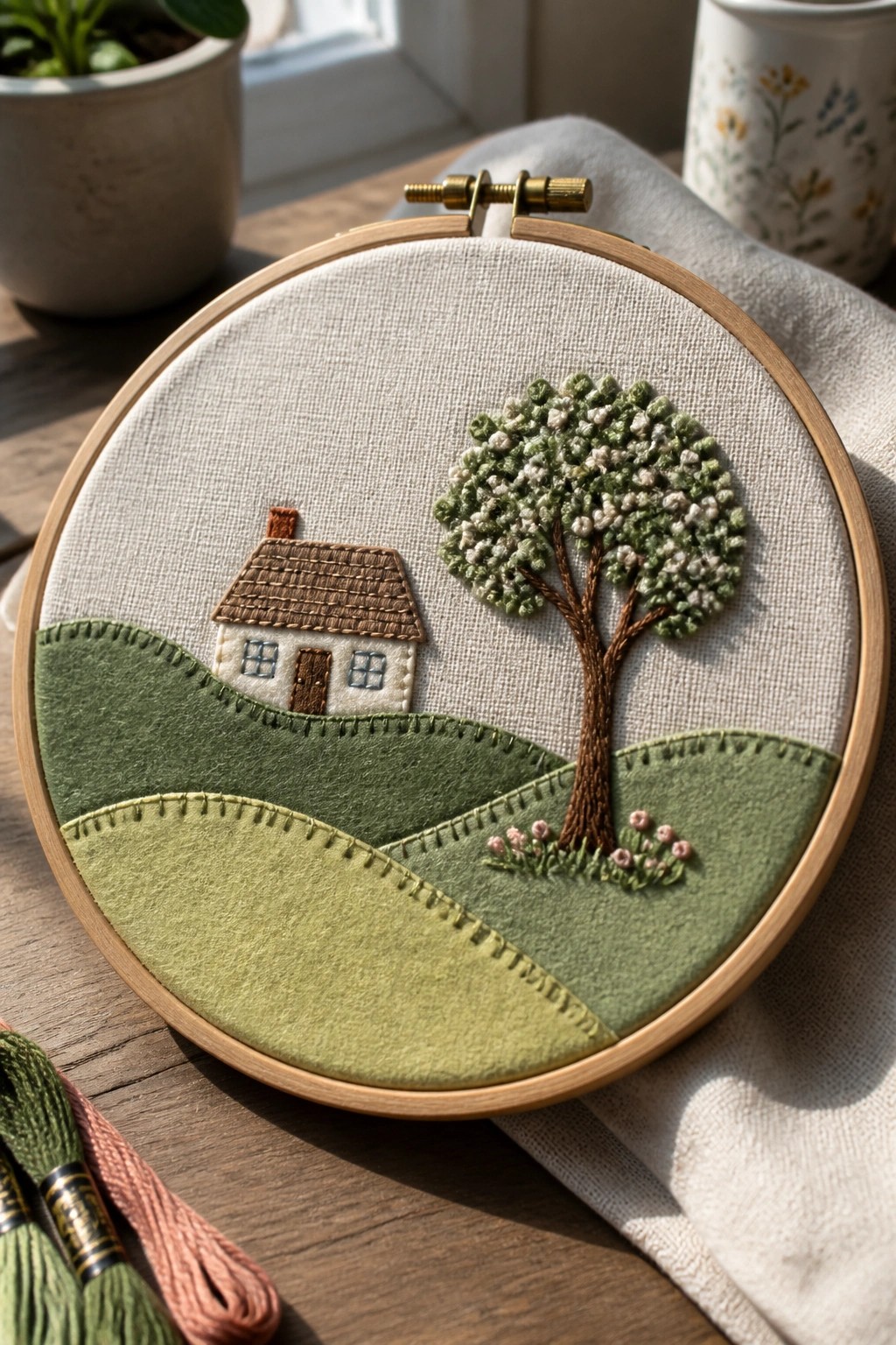 Embroidery hoop with stitched house, tree, and layered green felt hills