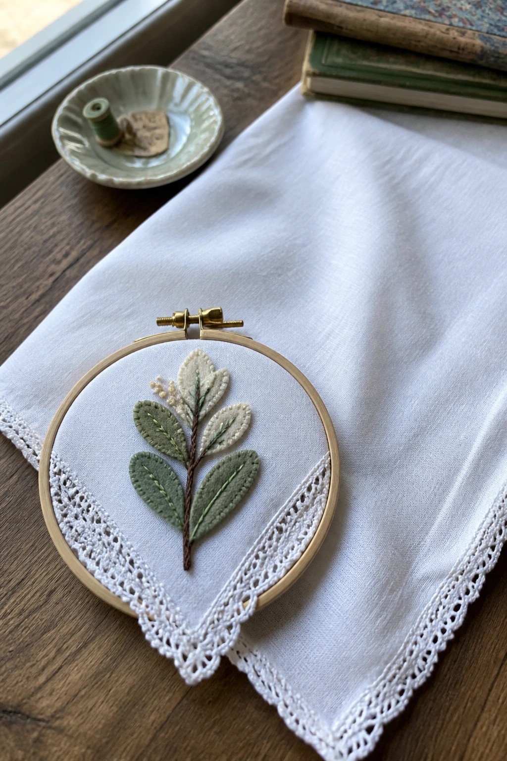 Felt leaf embroidery in wooden hoop on lace-trimmed white fabric with vintage books.