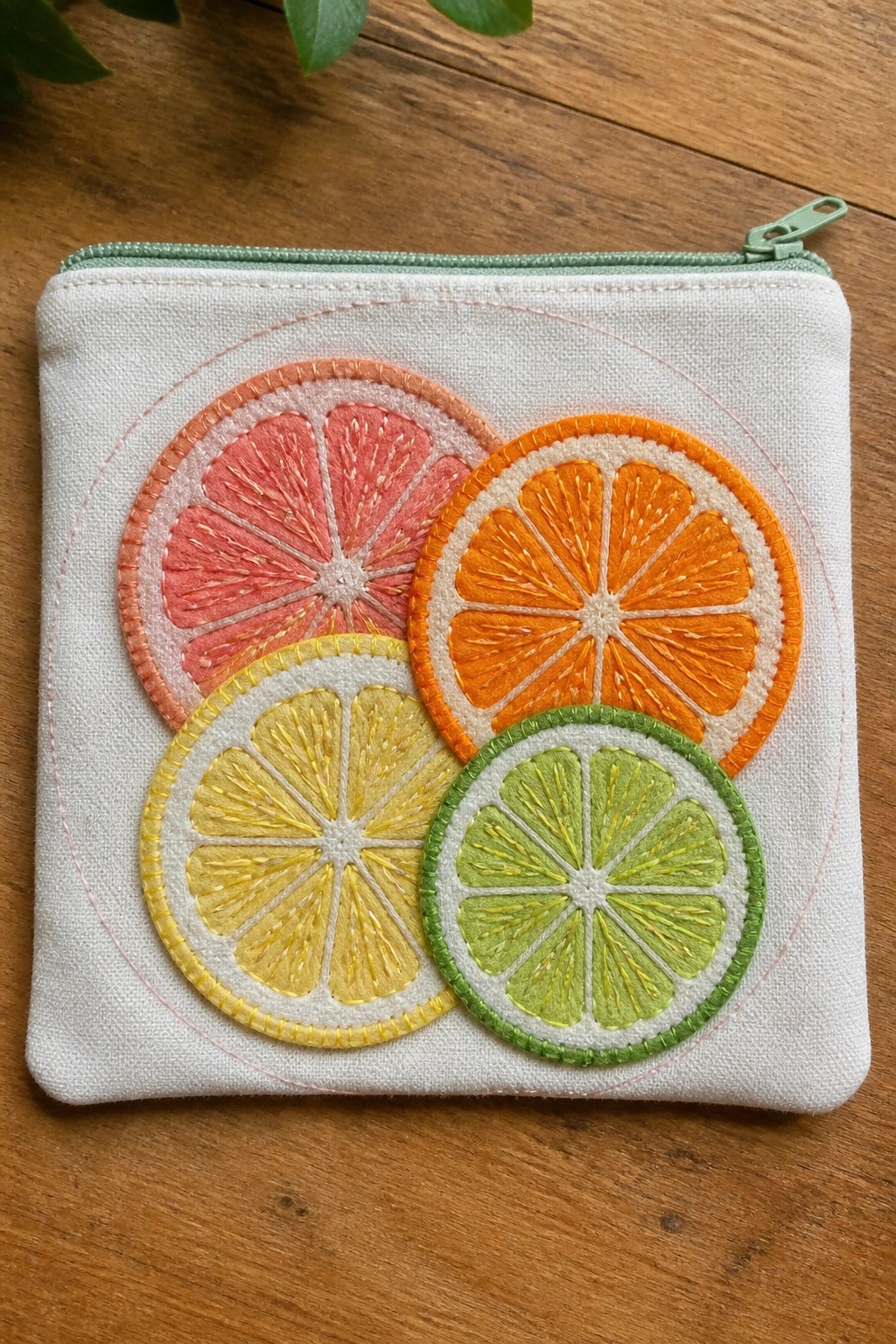 A white zippered pouch with four overlapping embroidered citrus slices in pink grapefruit, orange, yellow lemon, and green lime.