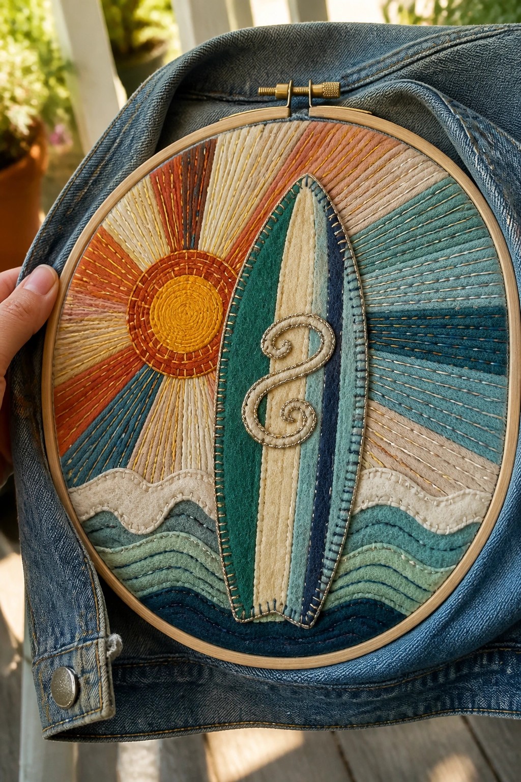 Colorful embroidered surfboard and sun on denim jacket in embroidery hoop