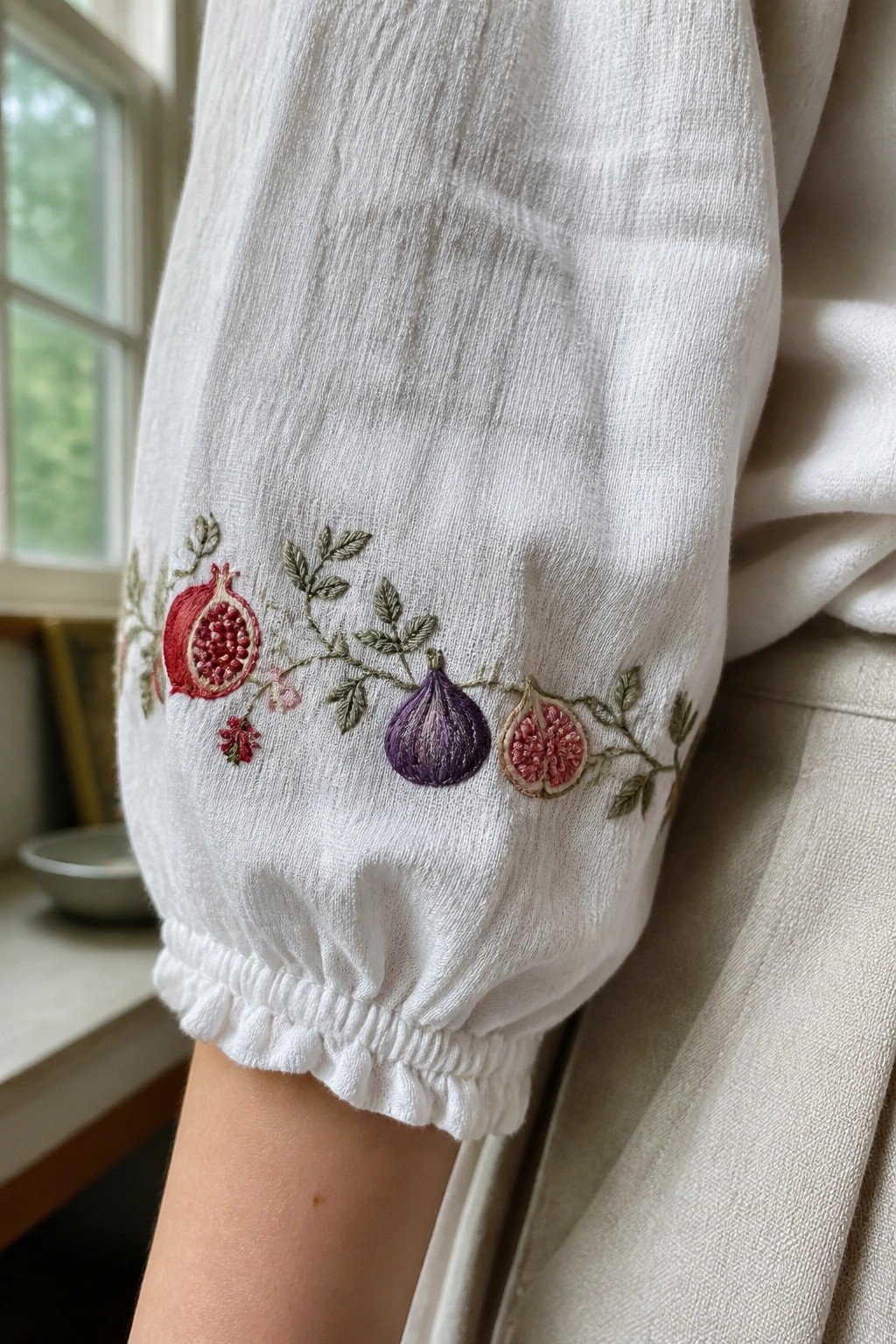 White sleeve embroidered with pomegranate, fig, and leafy vines on gathered cuff.