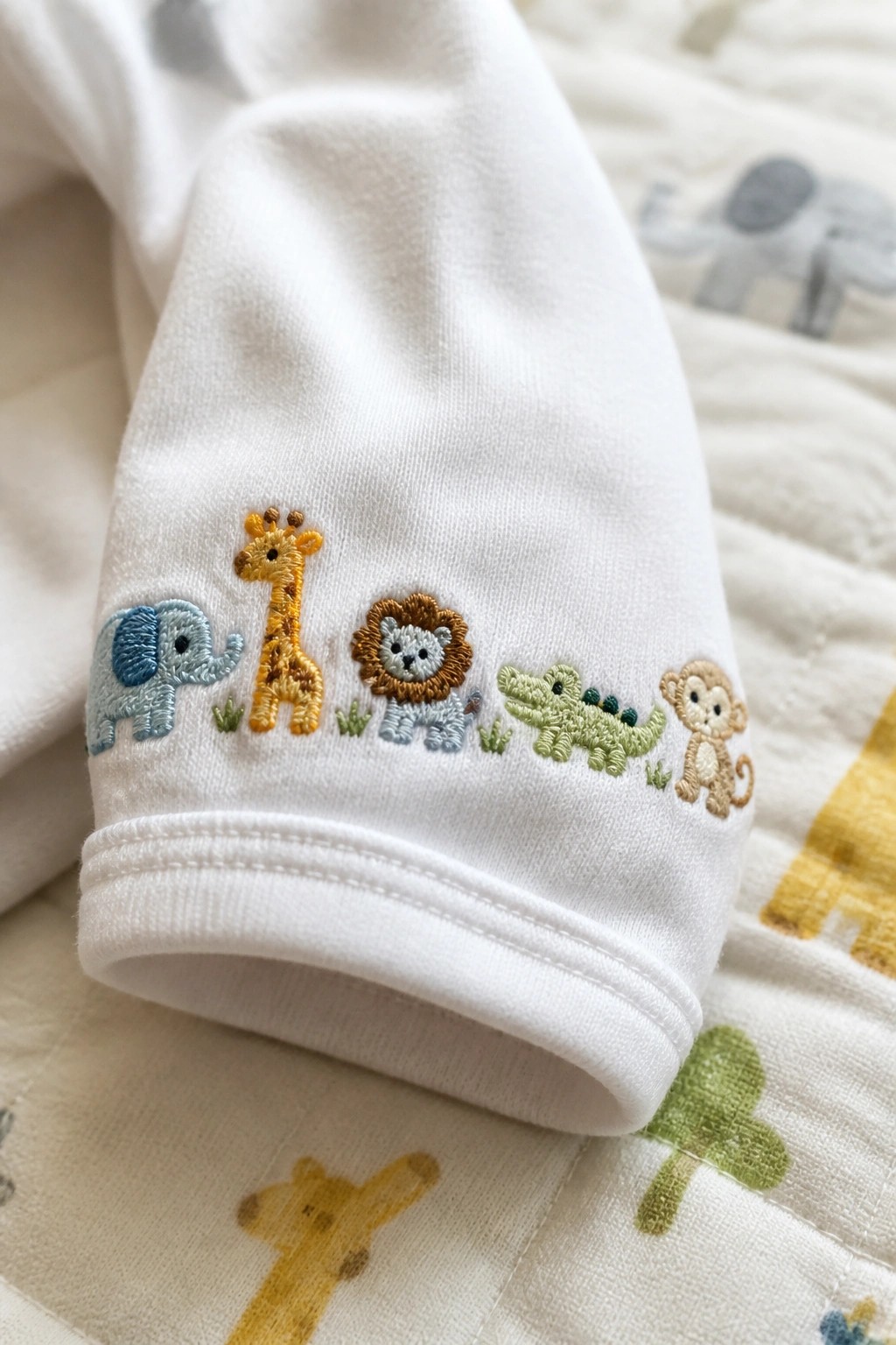 White baby garment cuff with embroidered elephant, giraffe, lion, crocodile, and monkey