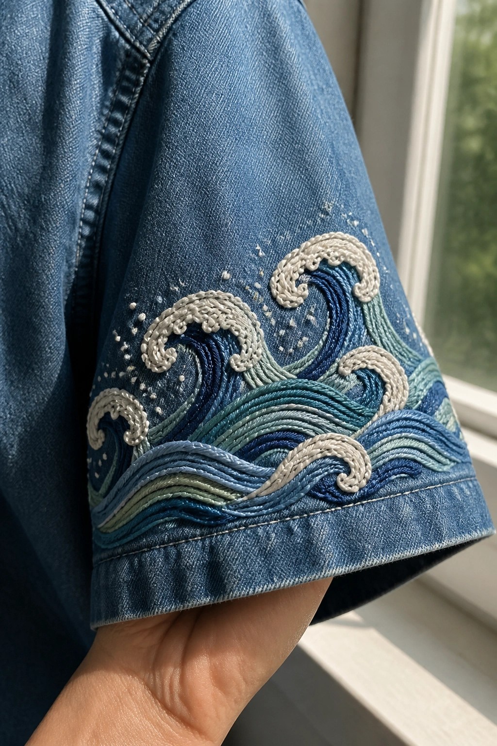 Close-up of a blue denim sleeve with layered wave embroidery in blue, teal, and white thread above the cuff hem.